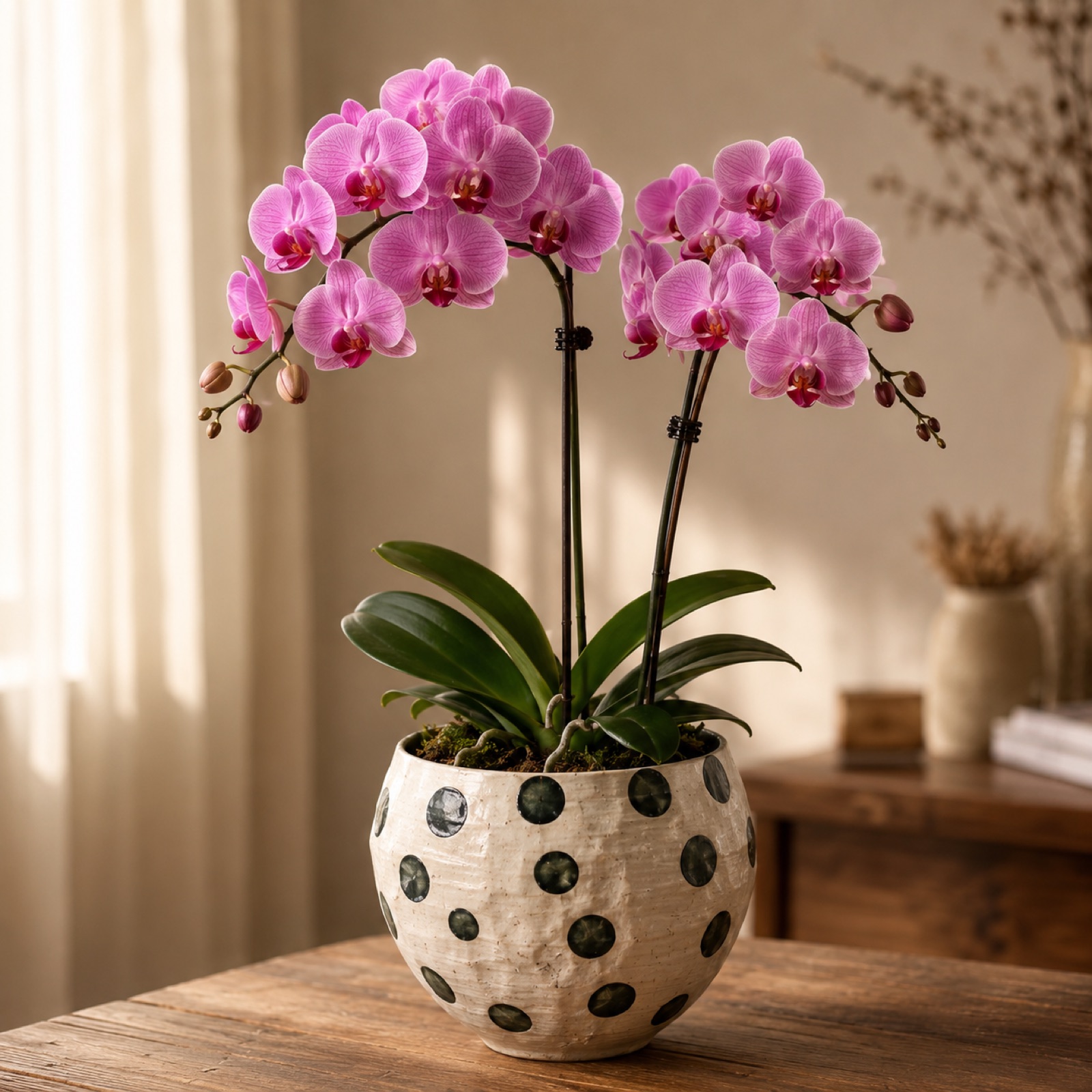Duo Bloom two-plant pink Phalaenopsis arrangement in a polka-dot ceramic pot