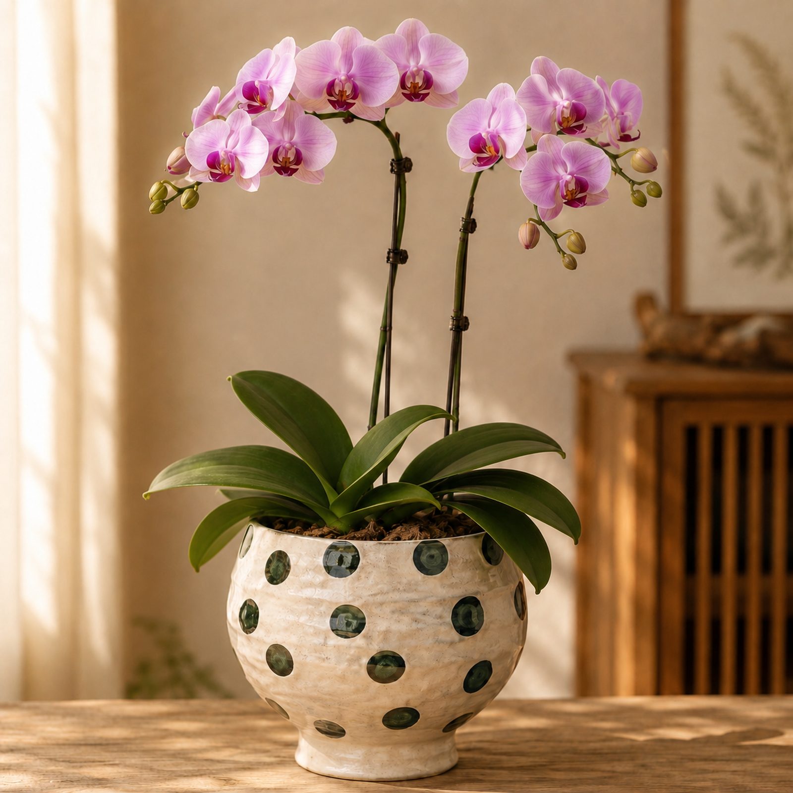 Duo Bloom two-plant pale pink Phalaenopsis arrangement in a polka-dot glazed ceramic bowl