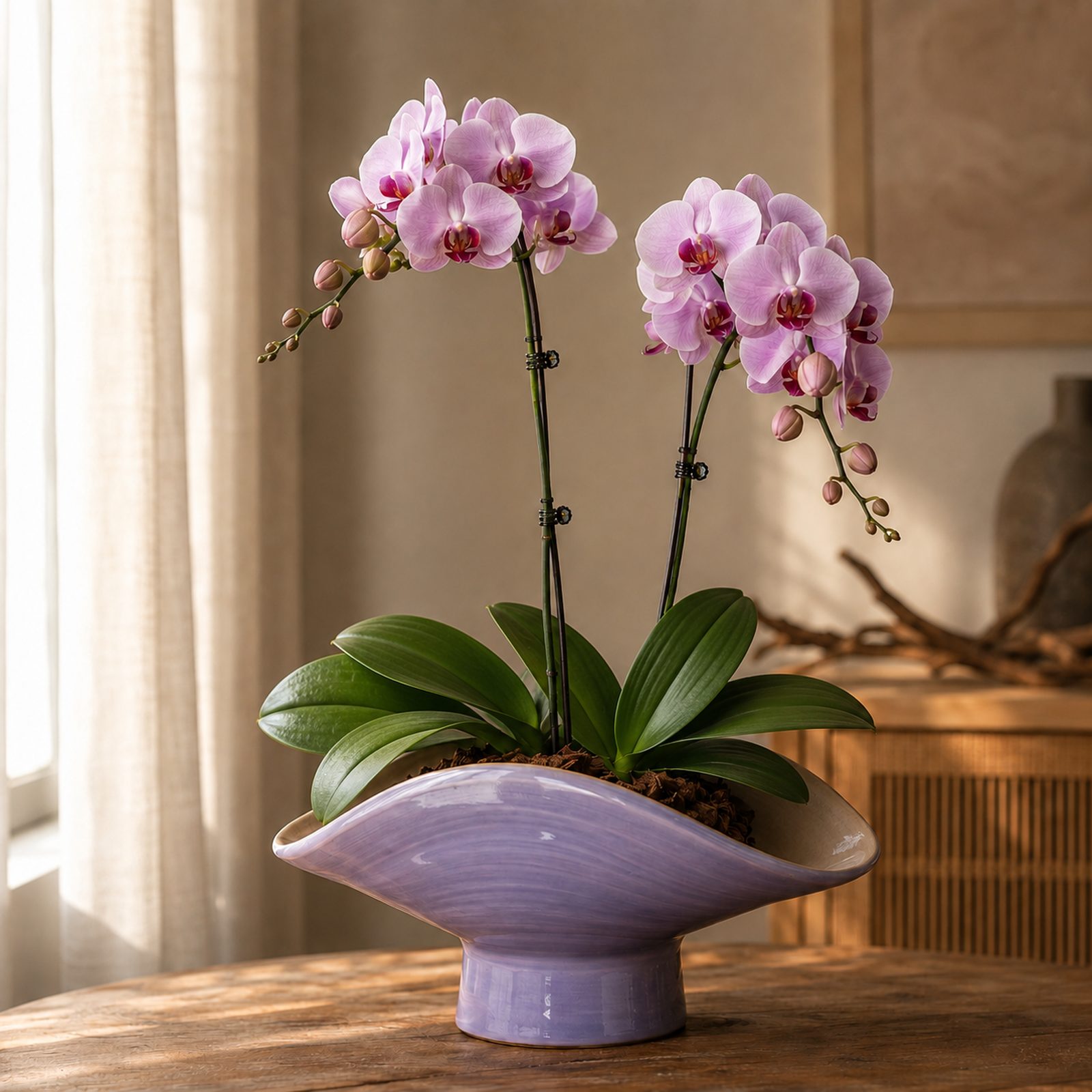 Duo Bloom two-plant pale pink Phalaenopsis arrangement in a lavender wide ceramic bowl
