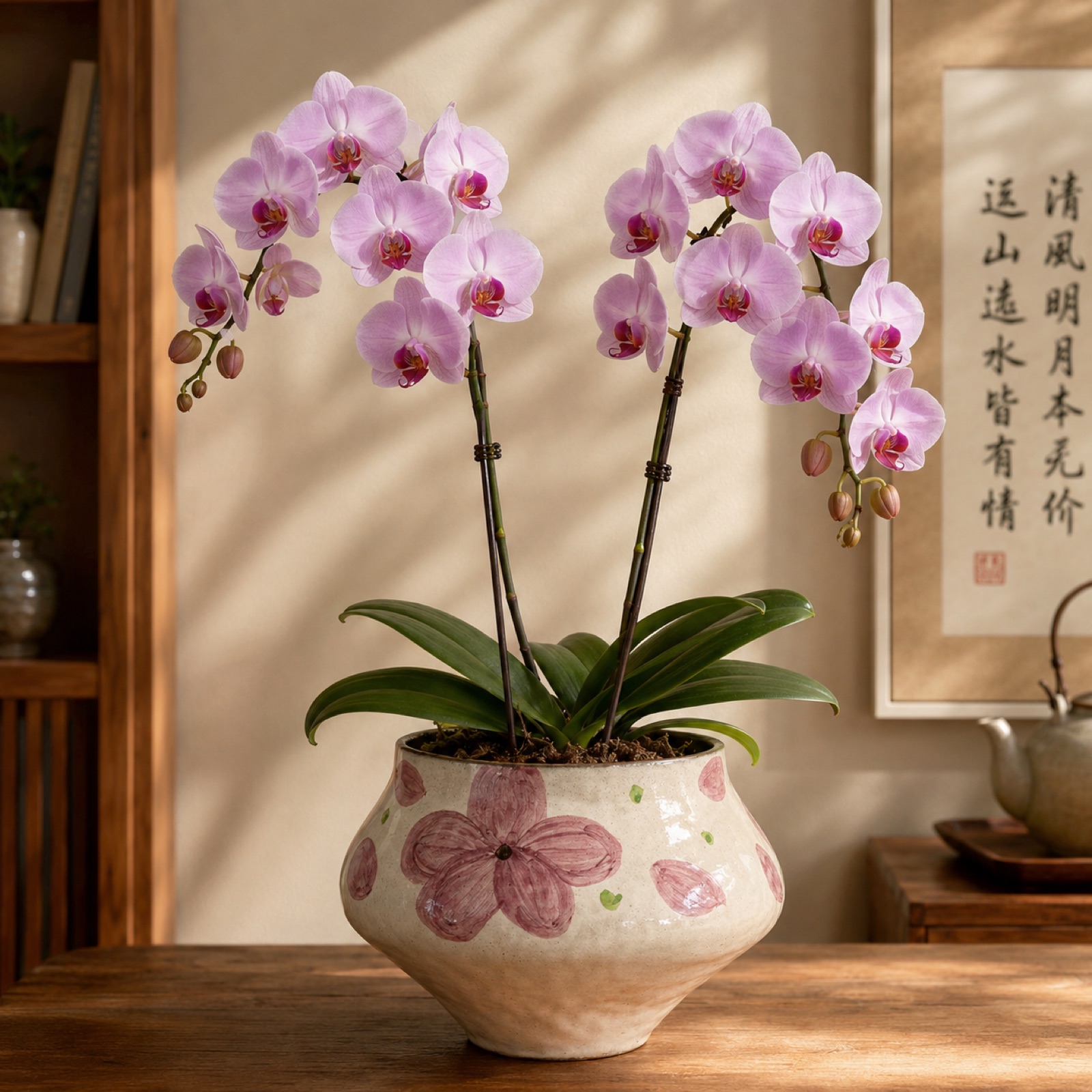 Duo Bloom two-plant pale pink Phalaenopsis arrangement in a floral-patterned ceramic pot