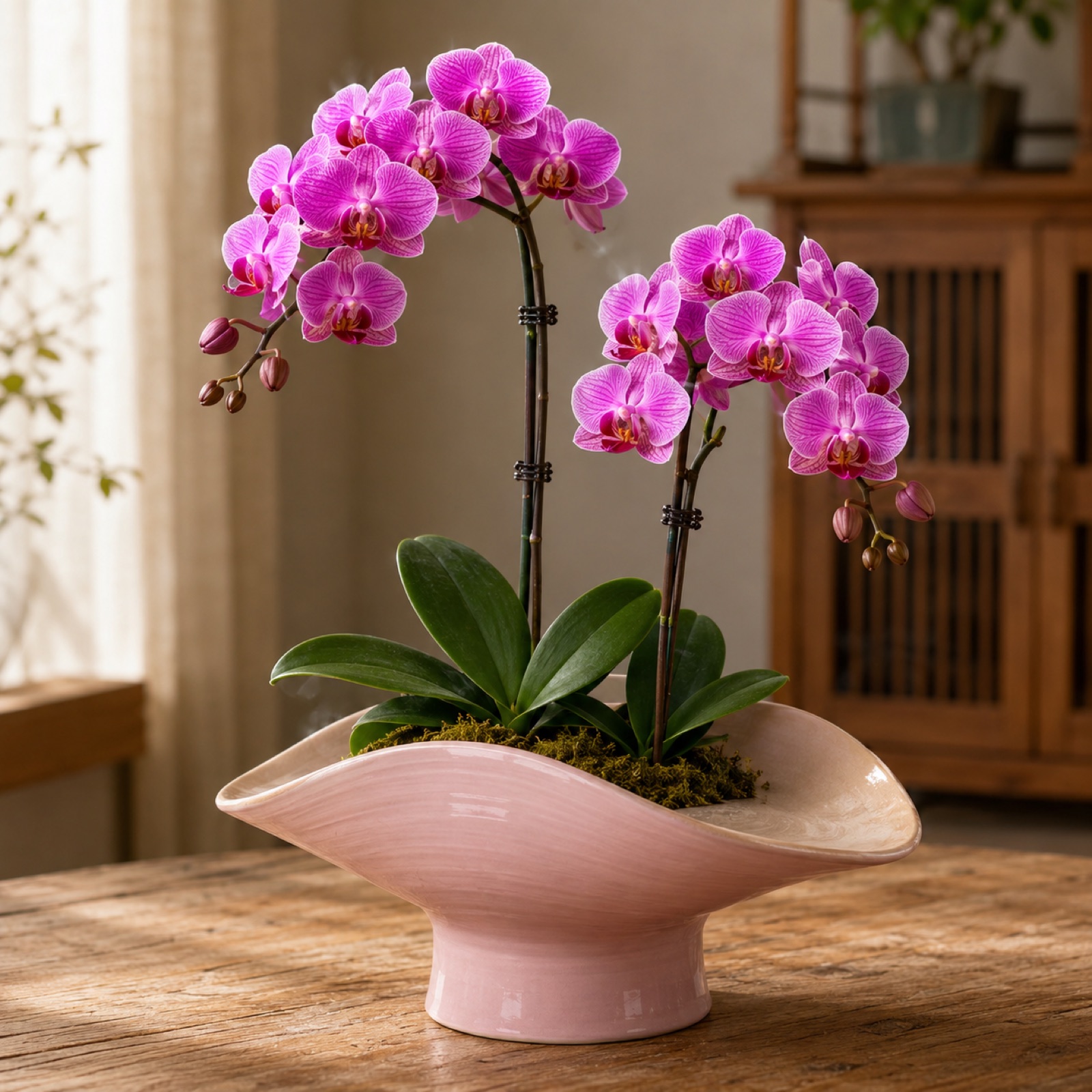 Duo Bloom two-plant magenta Phalaenopsis arrangement in a pink wide ceramic bowl