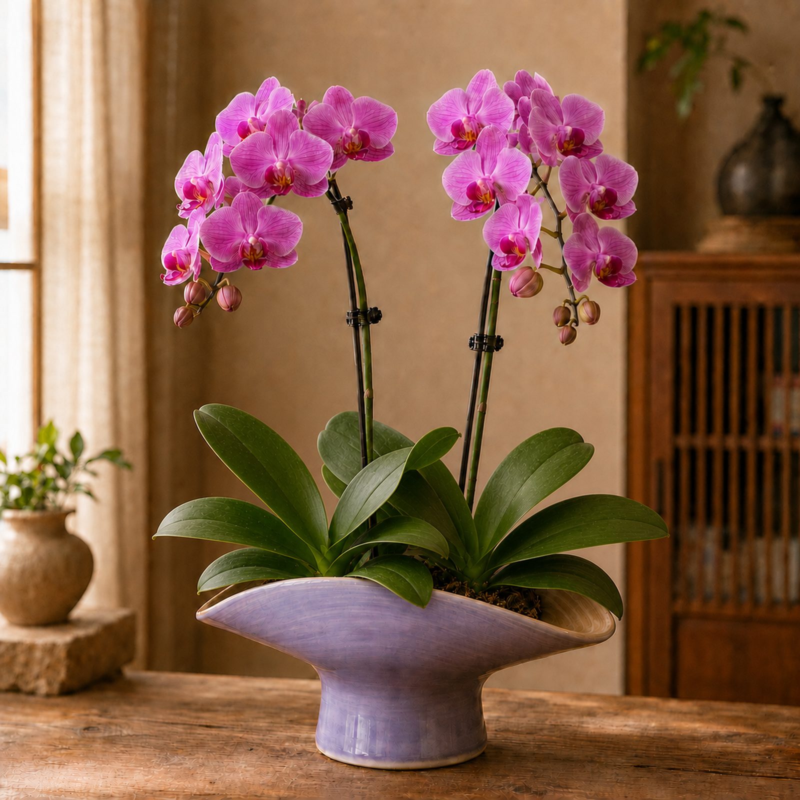 Duo Bloom two-plant magenta-purple Phalaenopsis arrangement in a lavender wide ceramic bowl, second alternate view