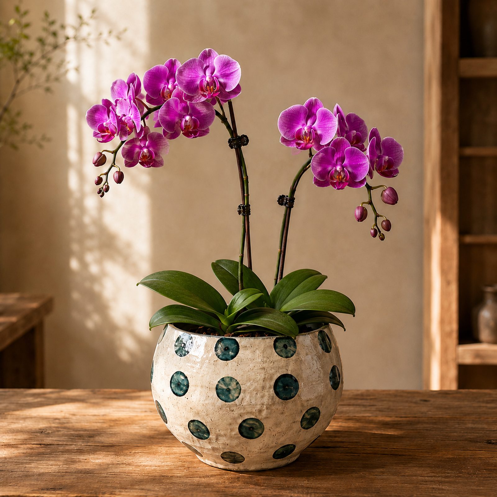 Duo Bloom two-plant magenta-purple Phalaenopsis arrangement in a polka-dot glazed ceramic bowl