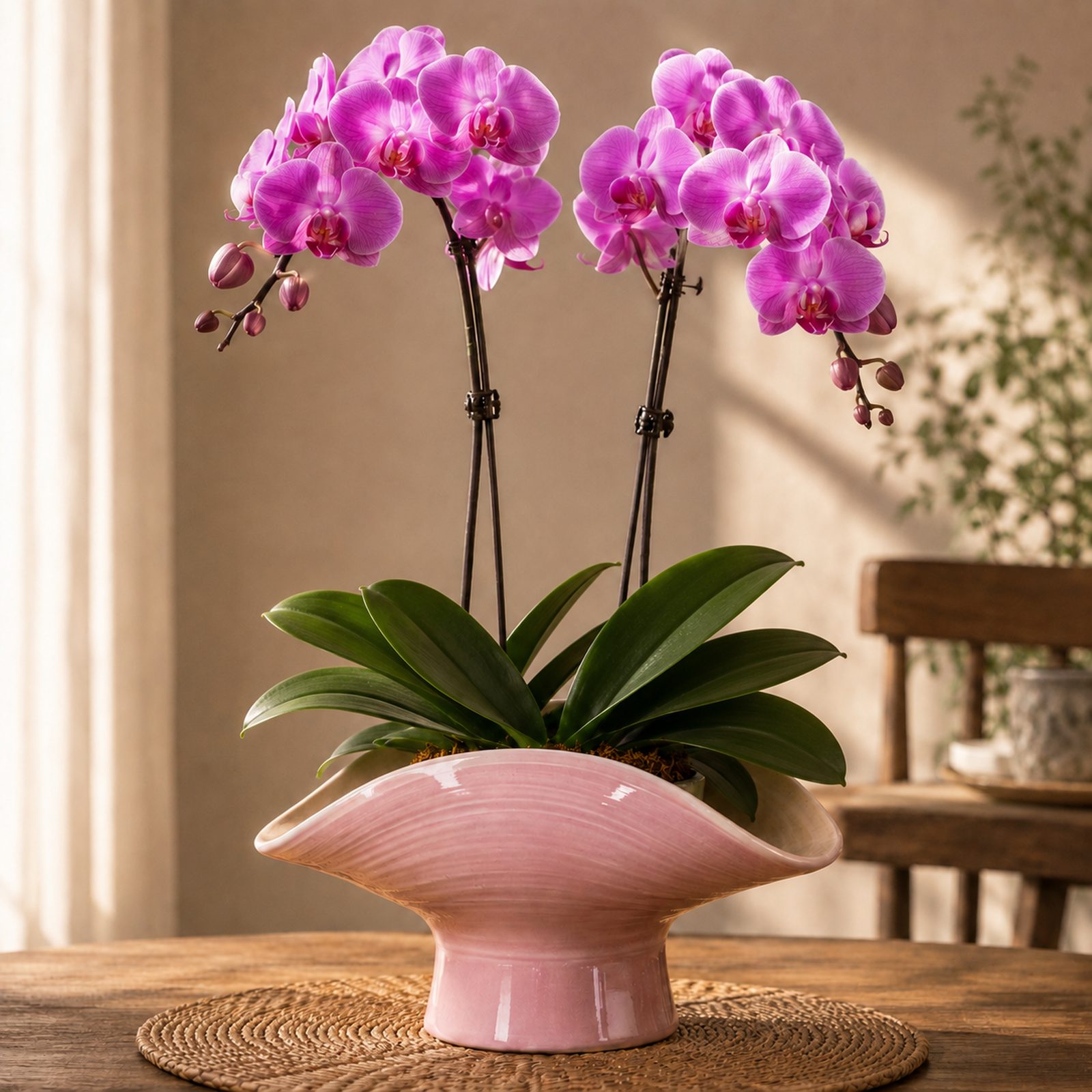 Duo Bloom two-plant magenta-purple Phalaenopsis arrangement in a pink wide ceramic bowl, alternate view