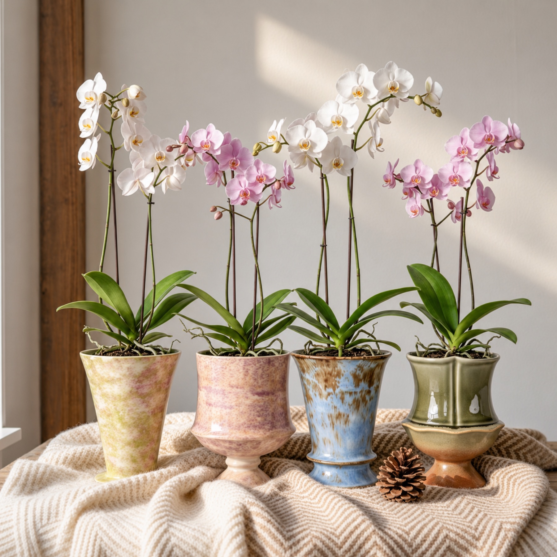 A collection of four Solo Bloom Phalaenopsis orchids in different colours and ceramic pots displayed together
