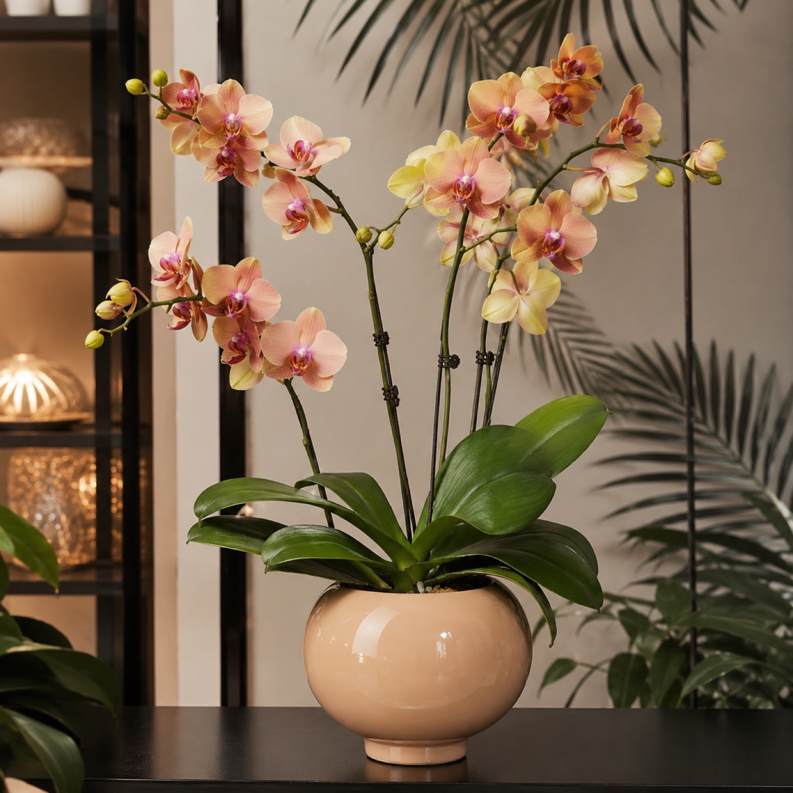 Single Phalaenopsis orchid with peach and yellow toned petals in a warm tan ceramic pot
