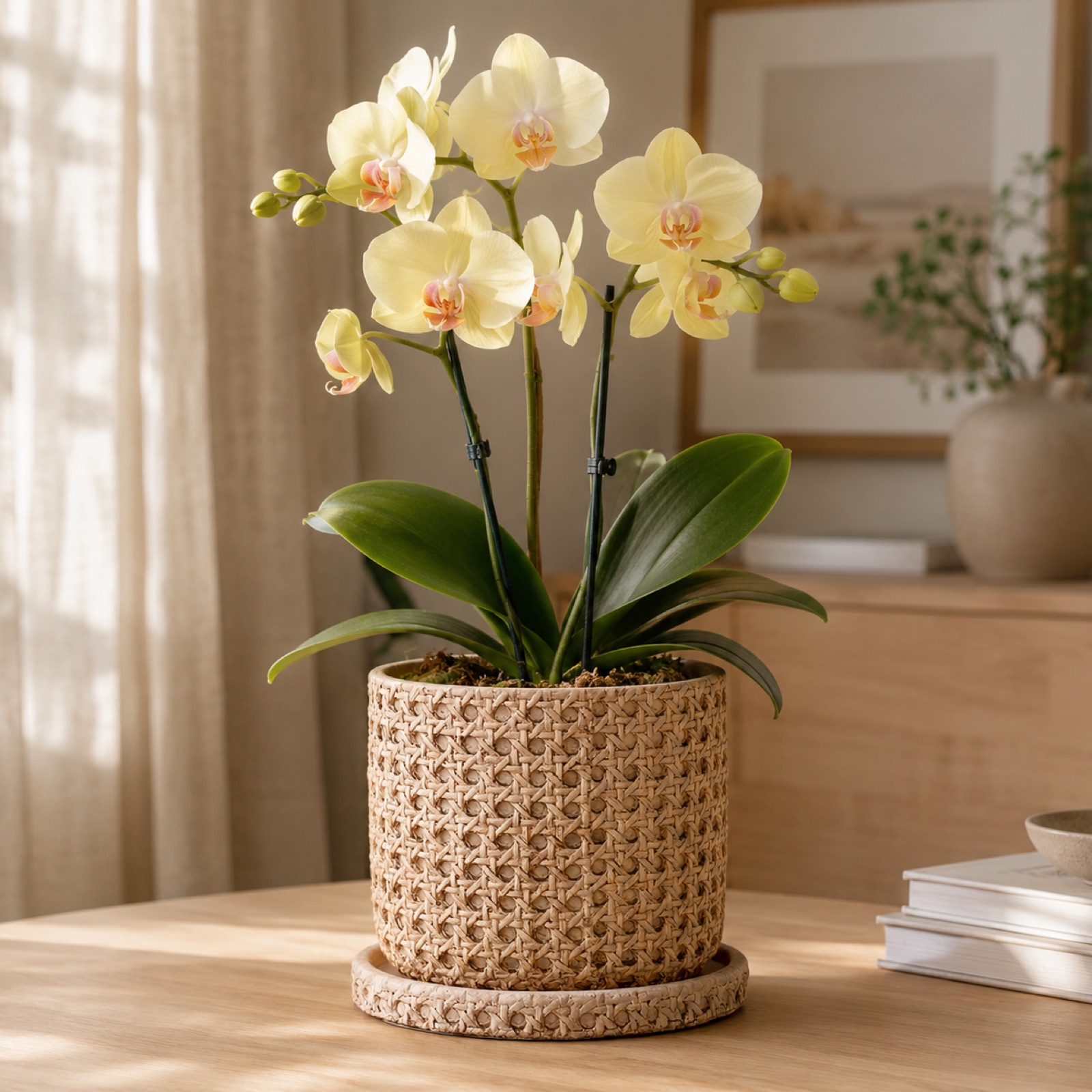 Single chartreuse yellow-green Phalaenopsis orchid in a sage green footed ceramic pot