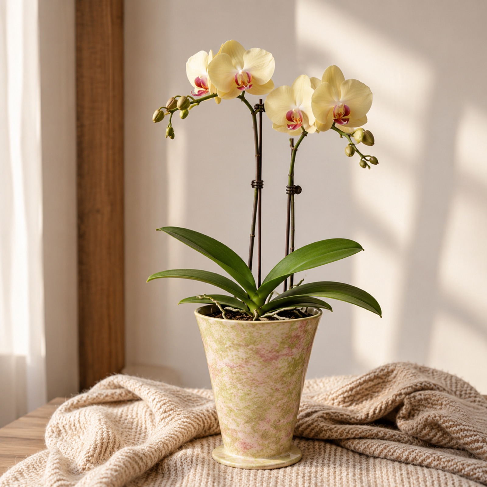 Single pale yellow Phalaenopsis orchid with a pink centre in a rattan-textured ceramic pot