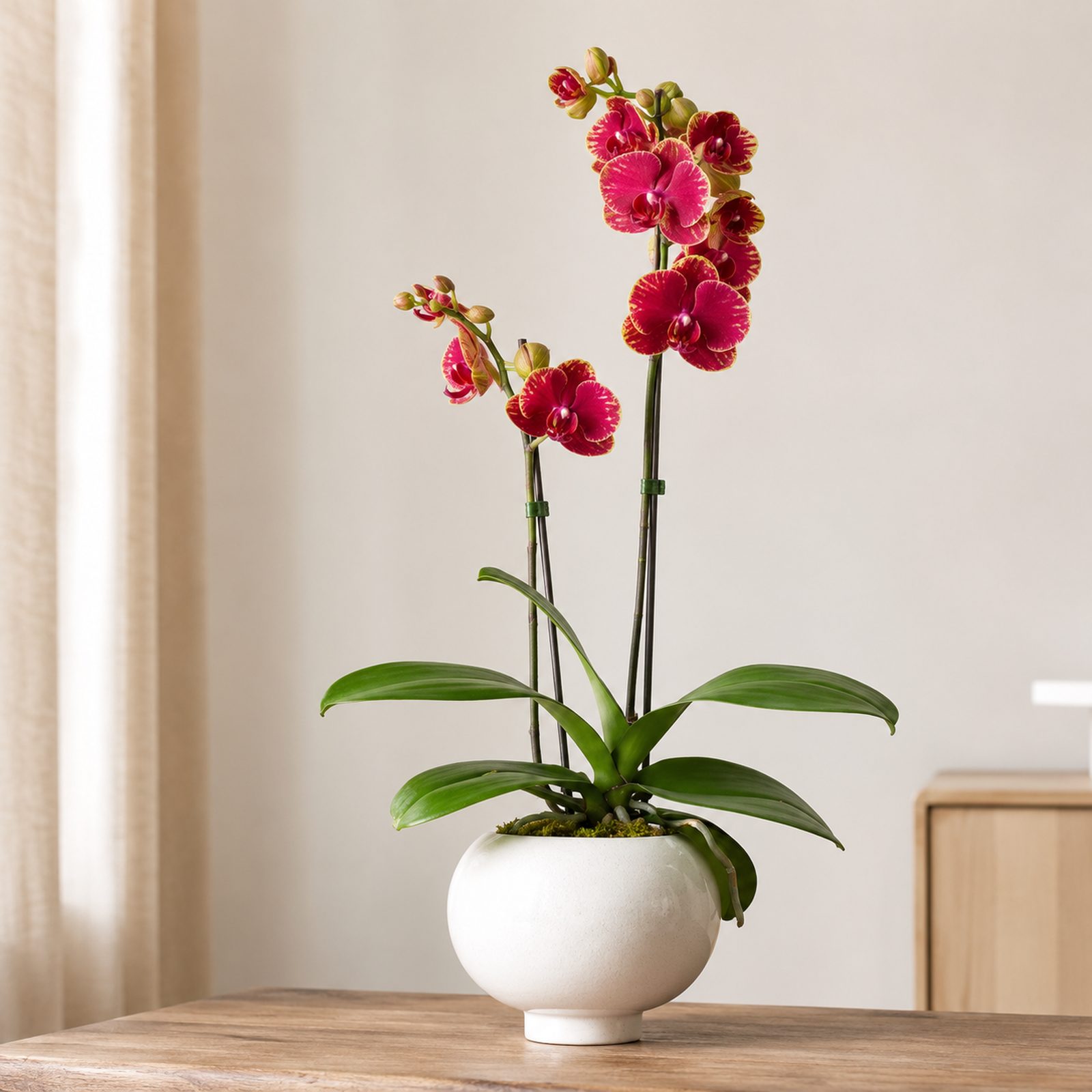 Single deep red-pink Phalaenopsis orchid with yellow-edged petals in a white ceramic pot