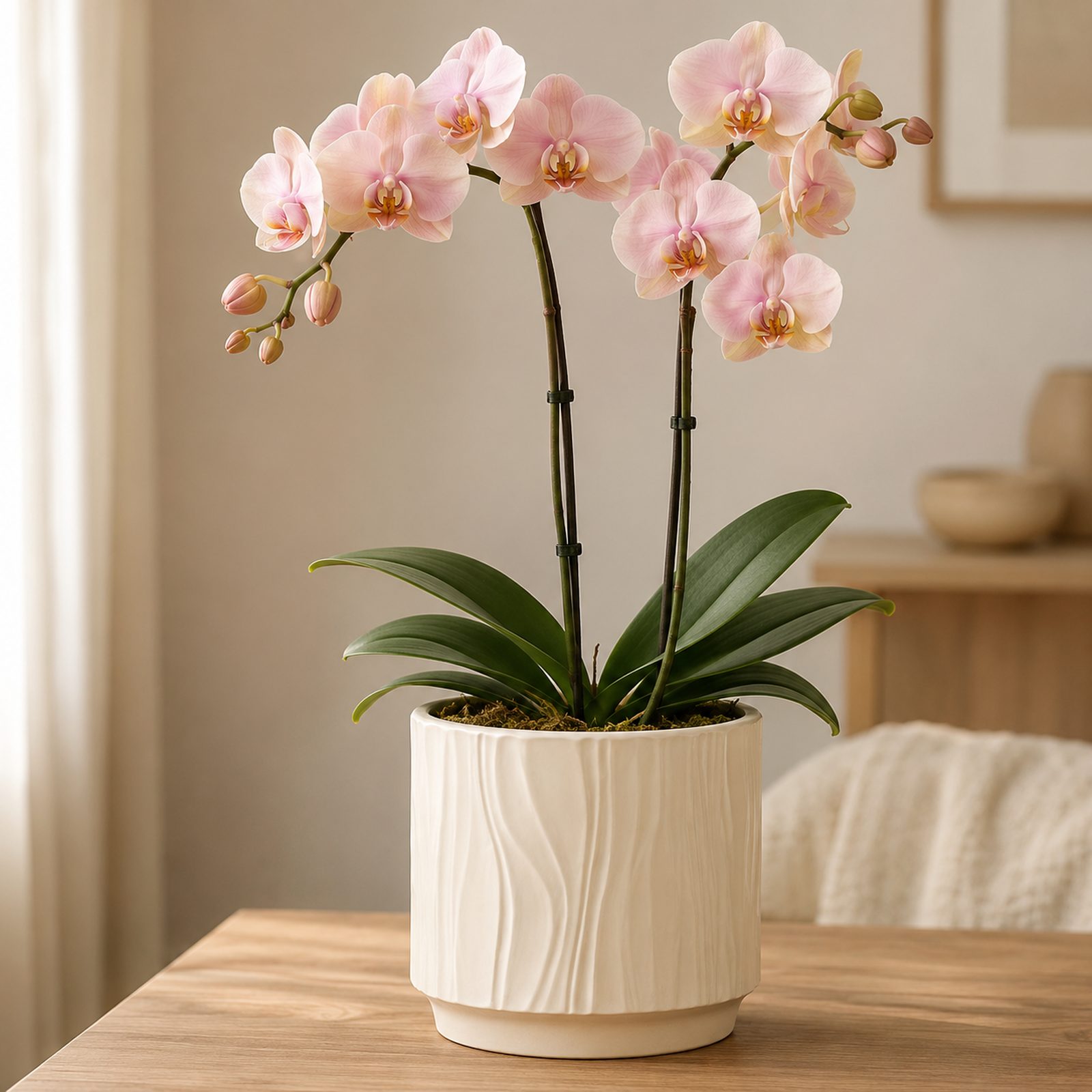 Single peach-toned Phalaenopsis orchid in a cream ceramic pot