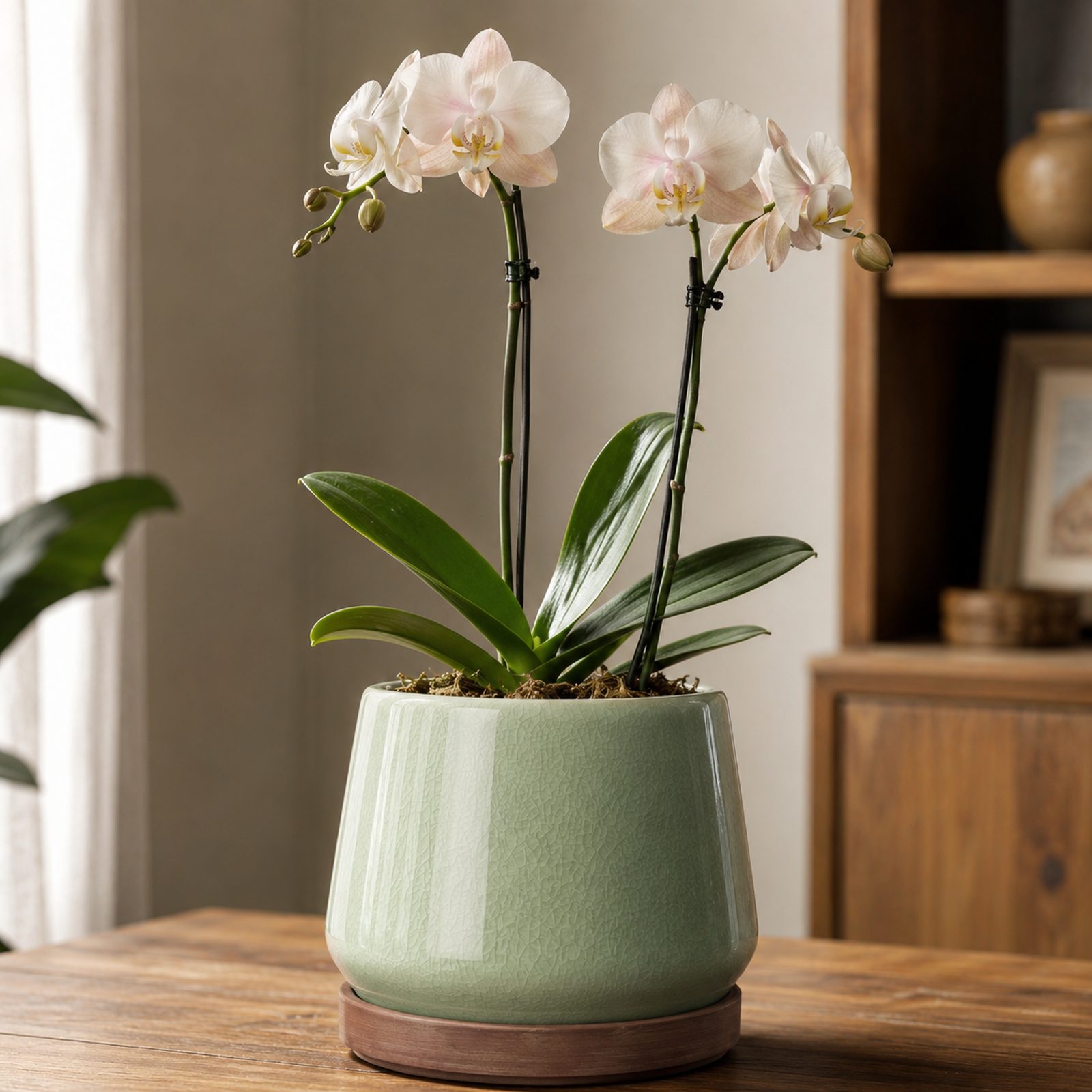 Single peach and cream Phalaenopsis orchid in a dark brown textured ceramic pot
