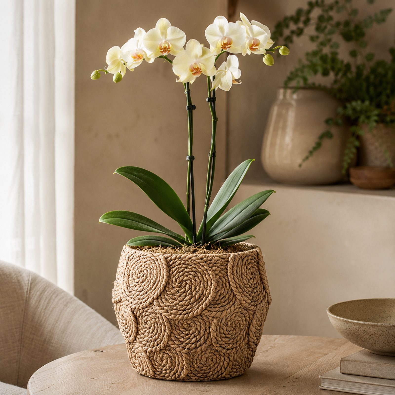 Single pale cream-yellow Phalaenopsis orchid in a woven rope-textured ceramic pot