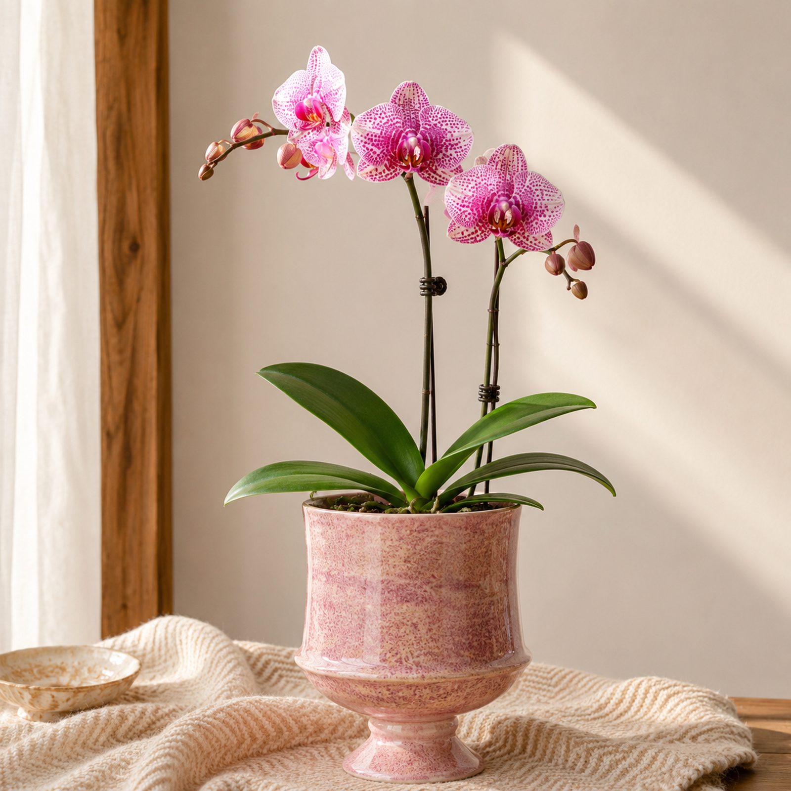 Single white Phalaenopsis orchid with magenta-speckled petals in a green ceramic pot