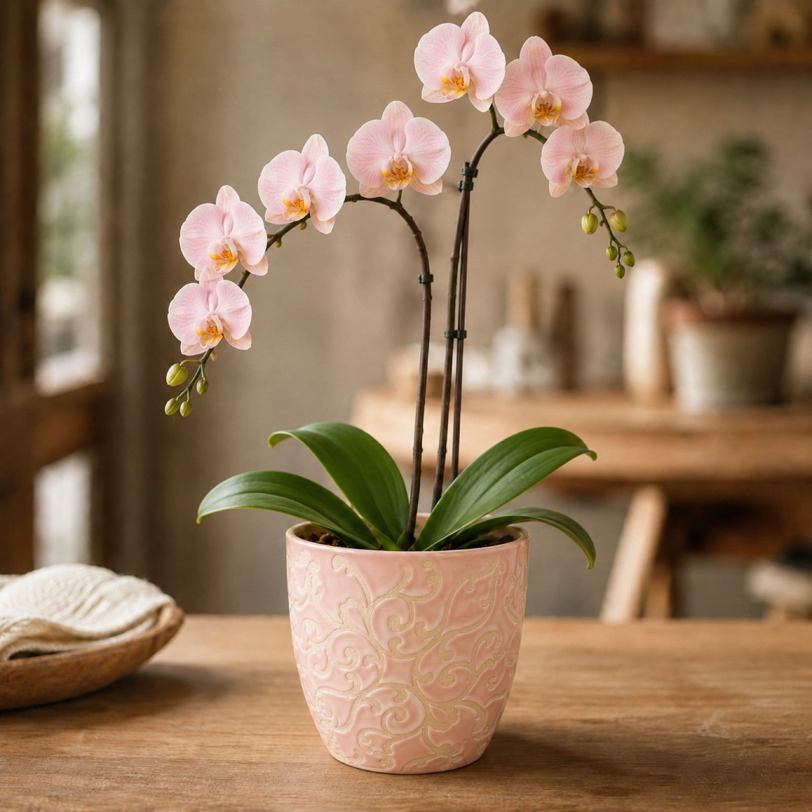 Single soft pink Phalaenopsis orchid in an ornate blush ceramic pot