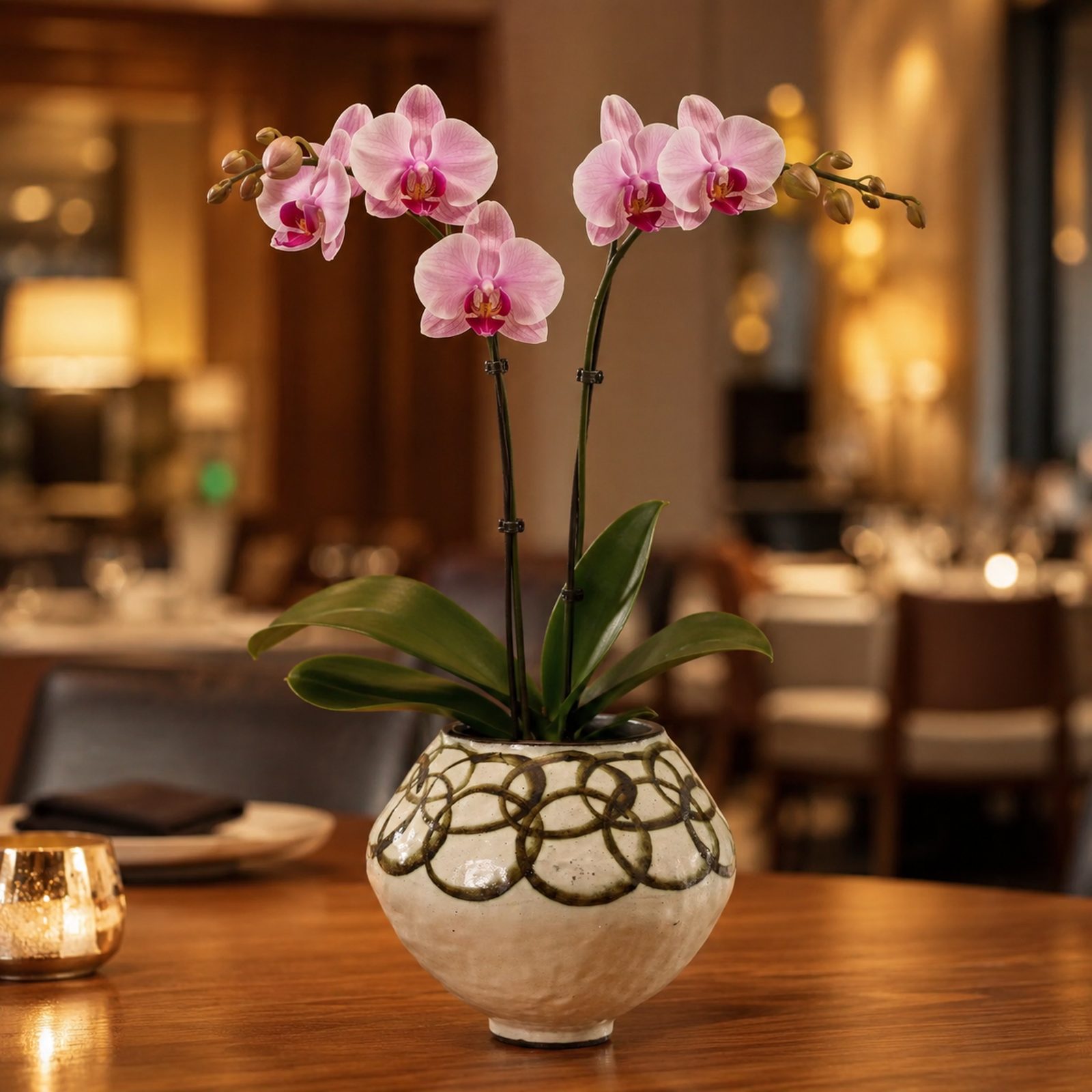 Single pink Phalaenopsis orchid in a cream ceramic pot with a hand-painted ring pattern