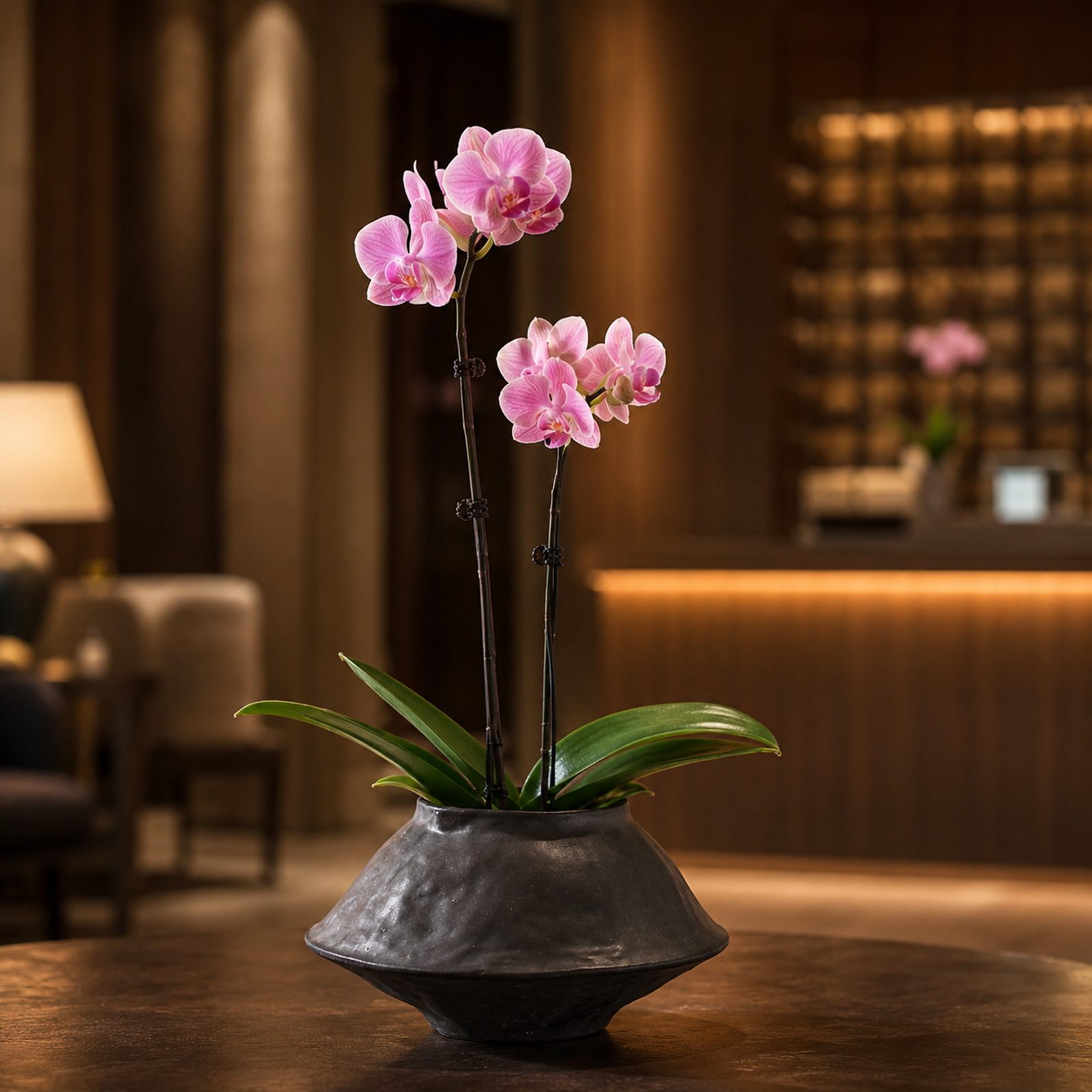 Single pink Phalaenopsis orchid in a dark charcoal wide ceramic bowl