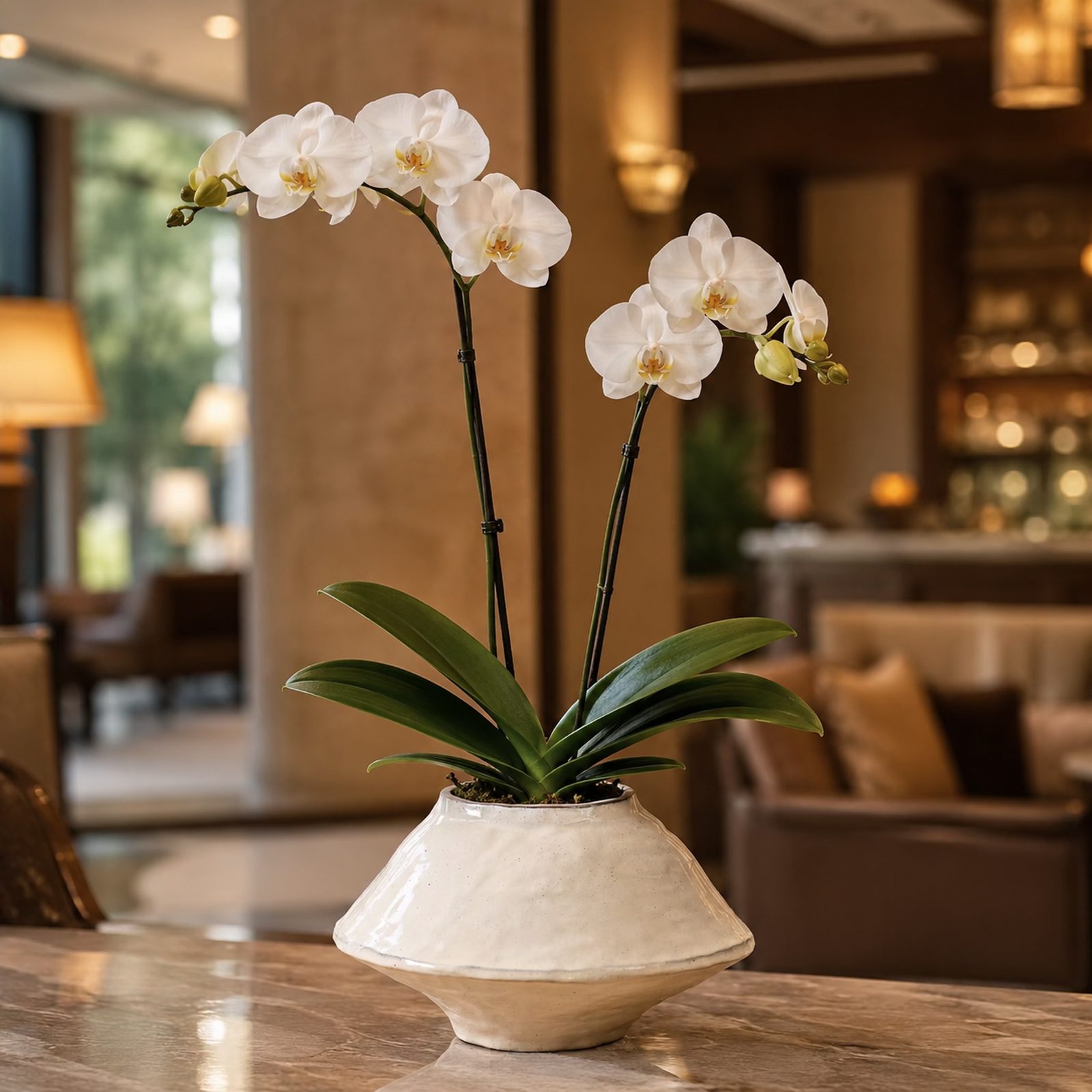 Single pale pink Phalaenopsis orchid in a cream ceramic pot with a hand-painted pink square pattern