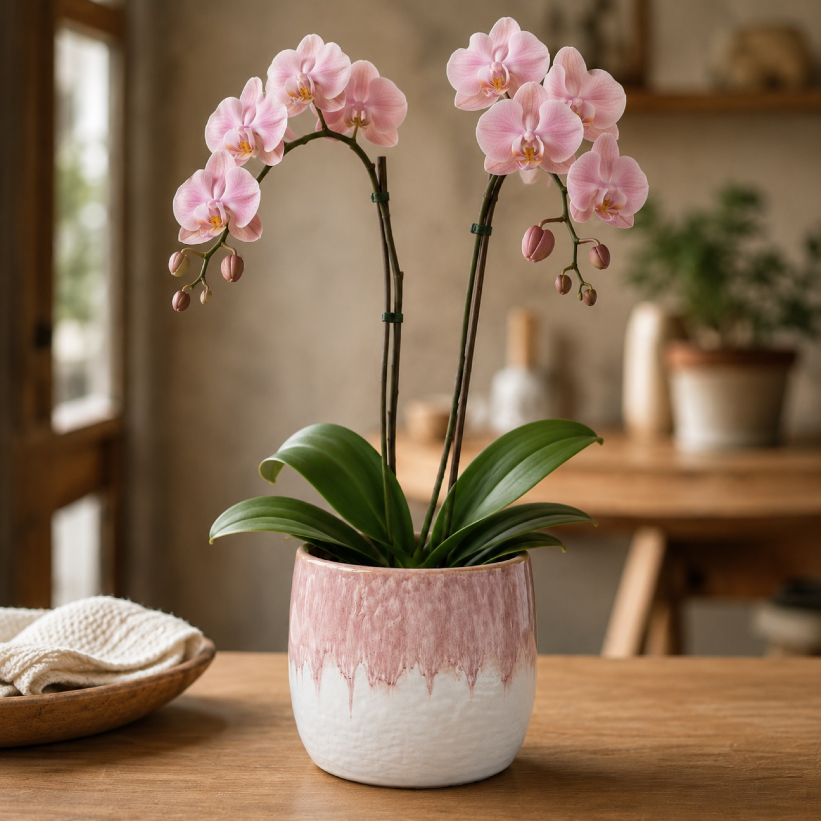 Single pale pink Phalaenopsis orchid in a pink drip-glaze ceramic pot