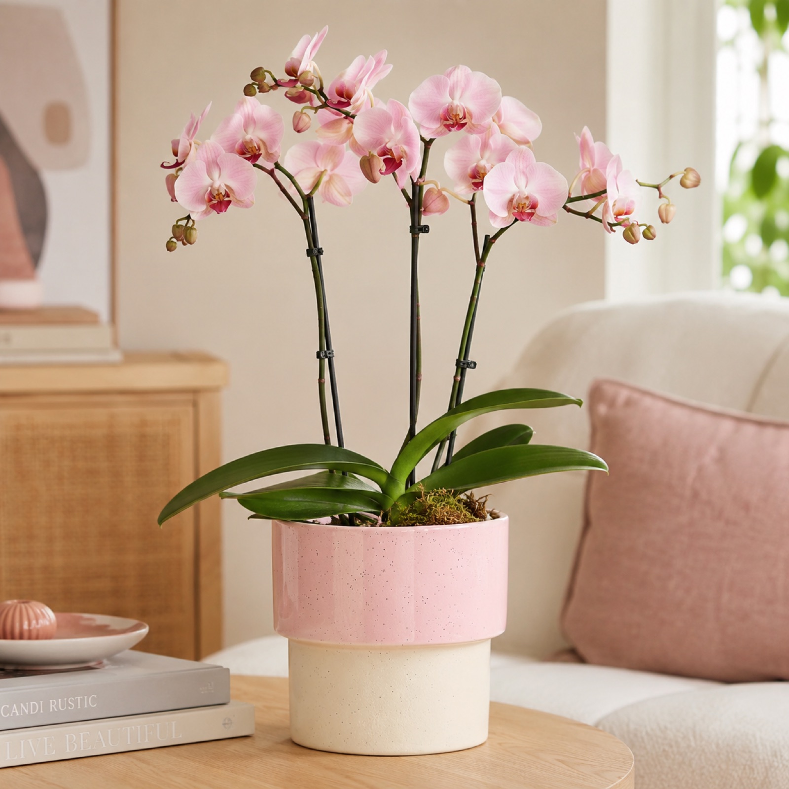 Single pink Phalaenopsis orchid in a two-tone pink ceramic pot in a cosy living room