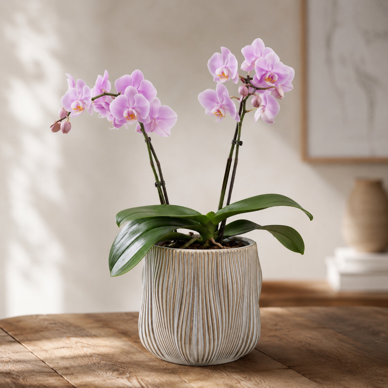 Single blush pink Phalaenopsis orchid in a white ribbed ceramic pot