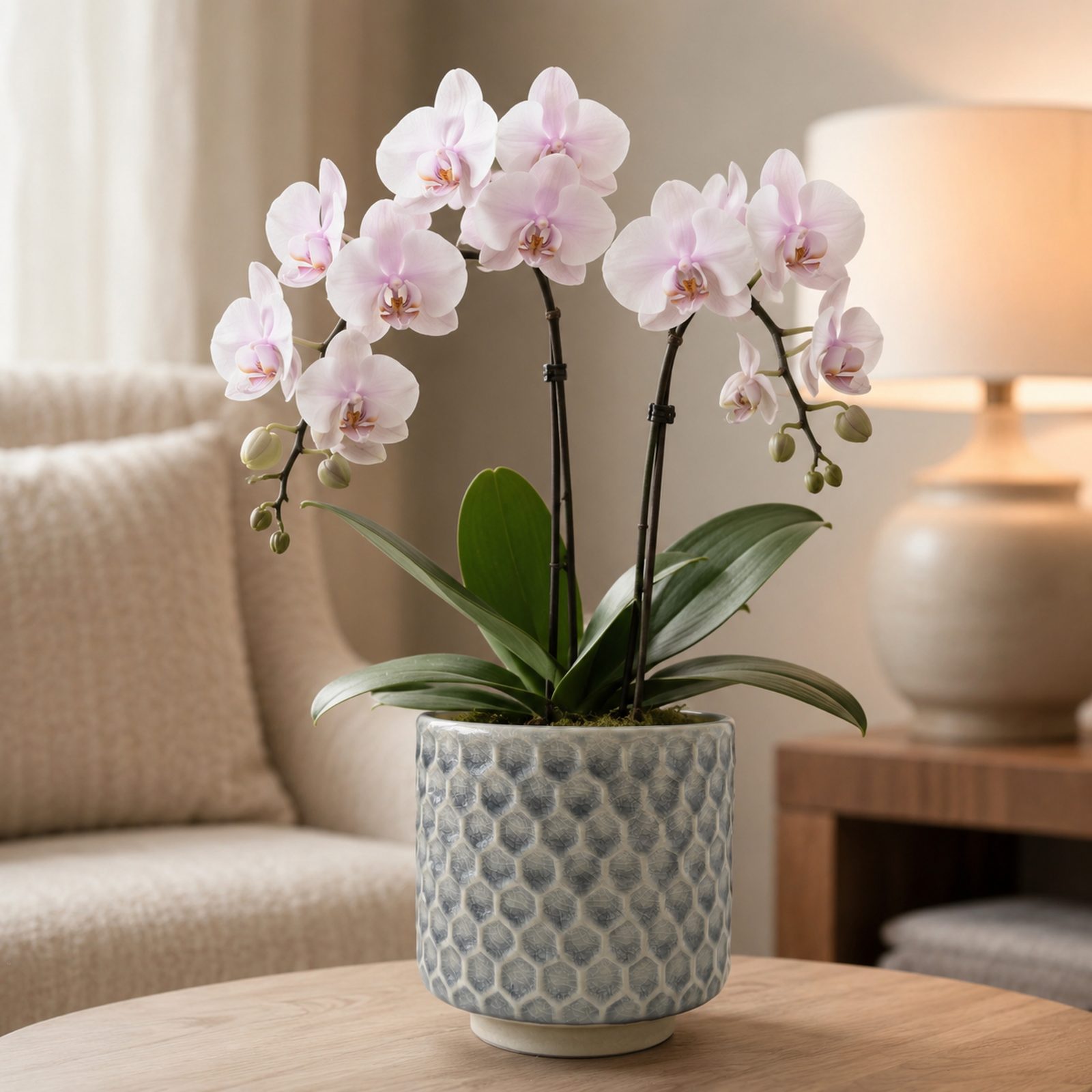 Single pale pink Phalaenopsis orchid in a blue honeycomb-textured ceramic pot