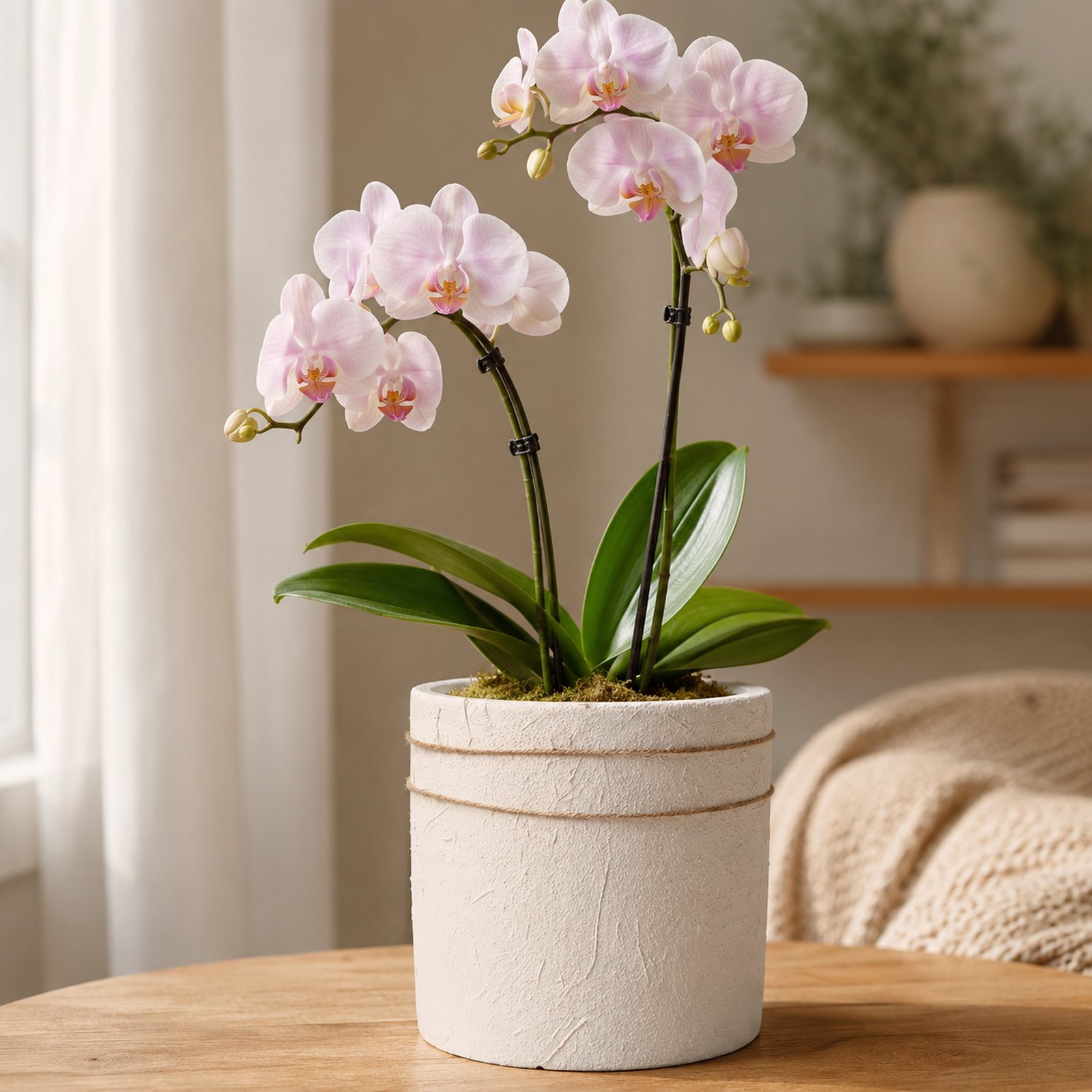 Single pale pink Phalaenopsis orchid in a dark rustic ceramic pot