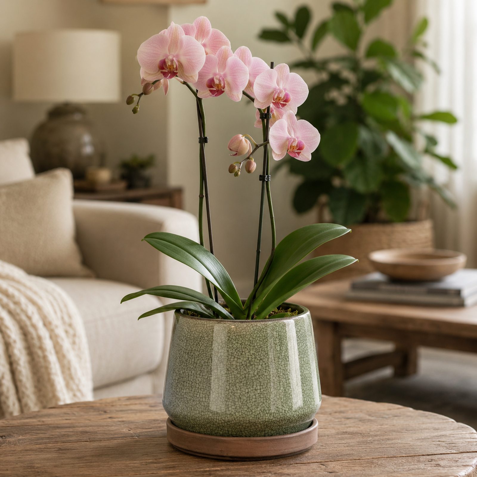 Single pink Phalaenopsis orchid in a mint green glazed ceramic pot