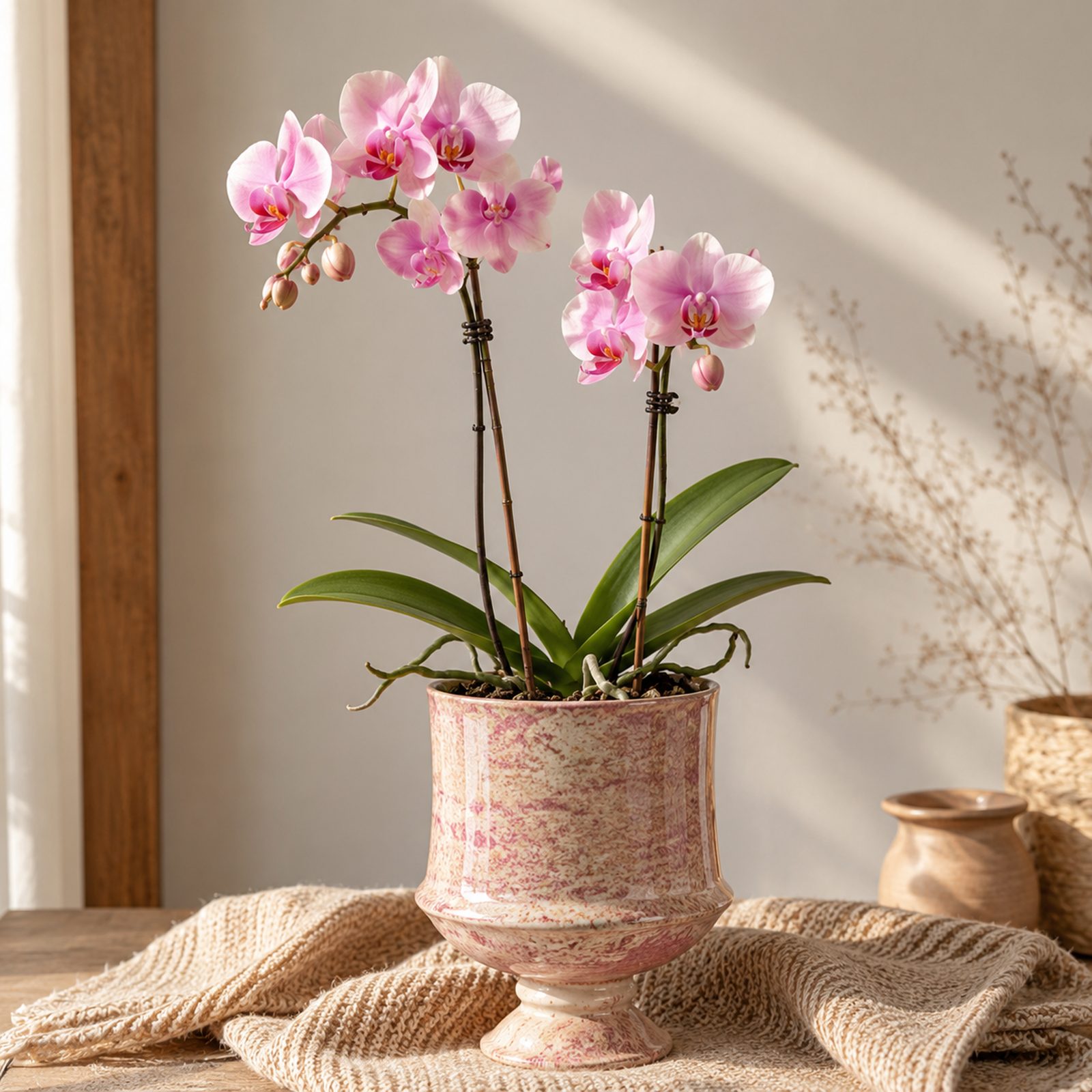 Single pink Phalaenopsis orchid in a speckled pink pedestal ceramic pot