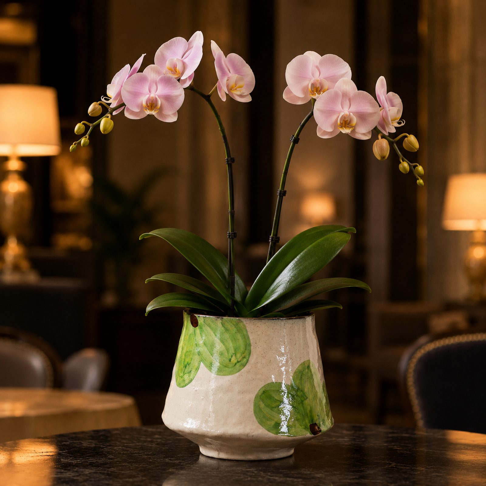 Single pale pink Phalaenopsis orchid in a cream ribbed ceramic pot