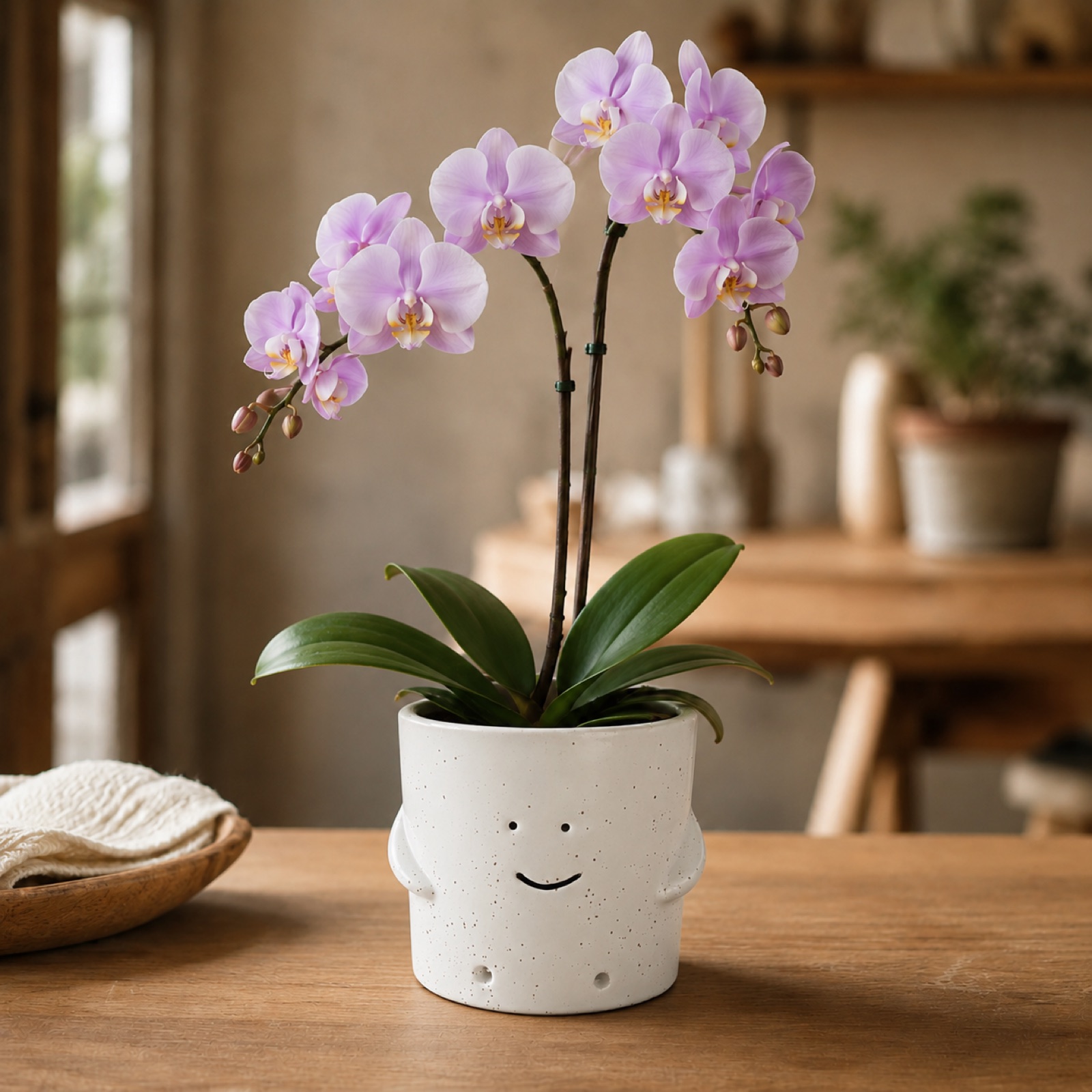 Single lavender-purple Phalaenopsis orchid in a smiling white ceramic pot