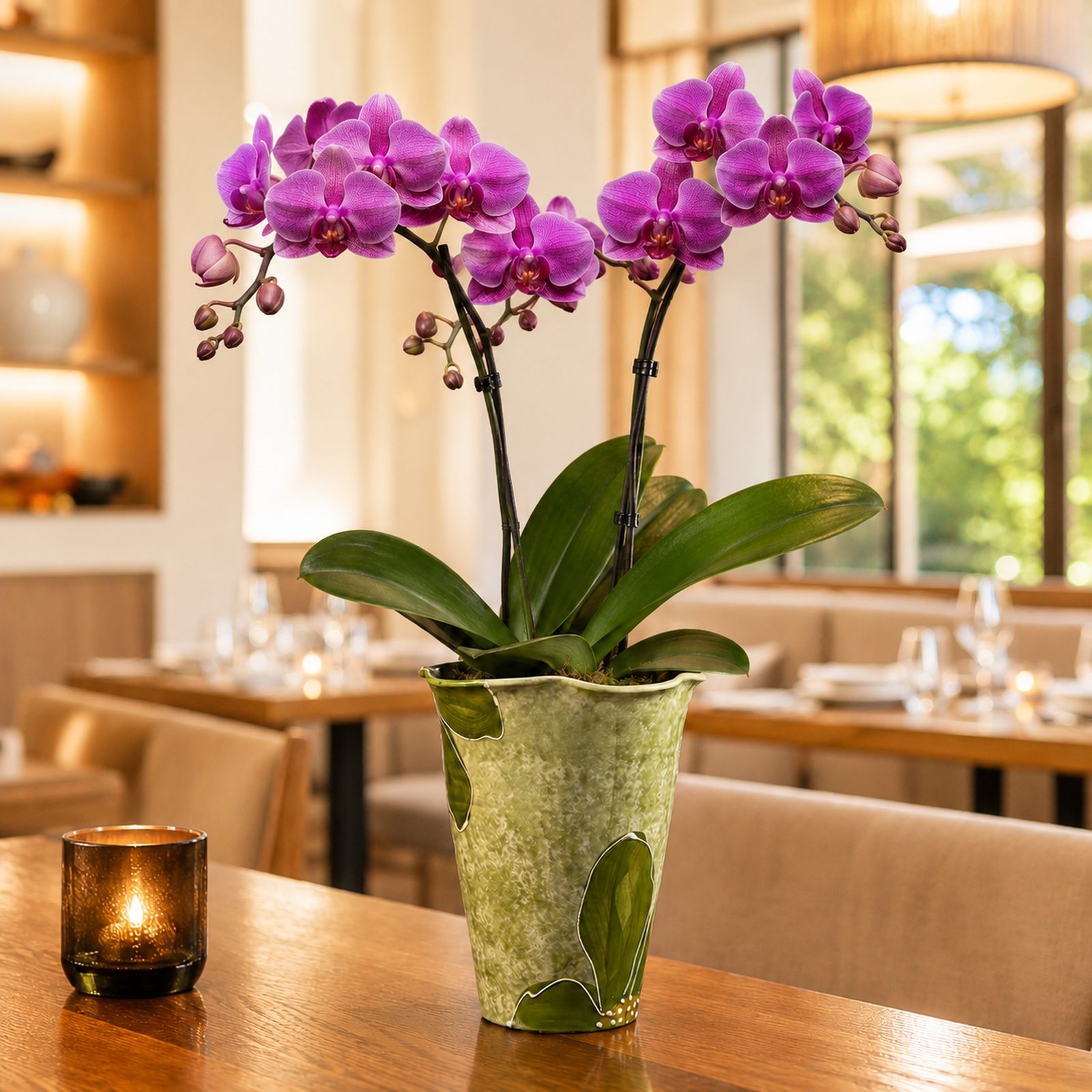 Single magenta Phalaenopsis orchid in a sage green trumpet ceramic pot