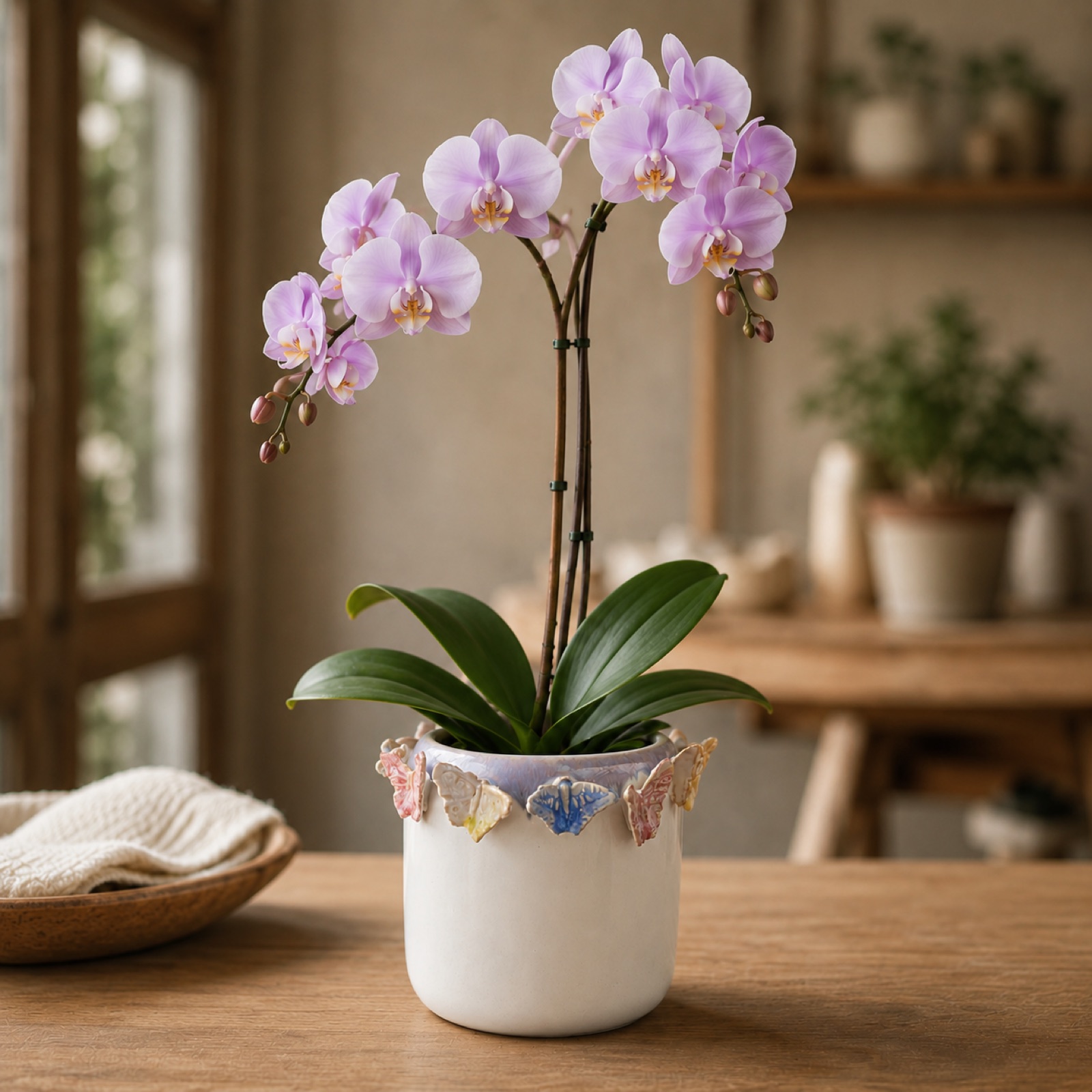 Single lavender-purple Phalaenopsis orchid in a teal glazed ceramic pot