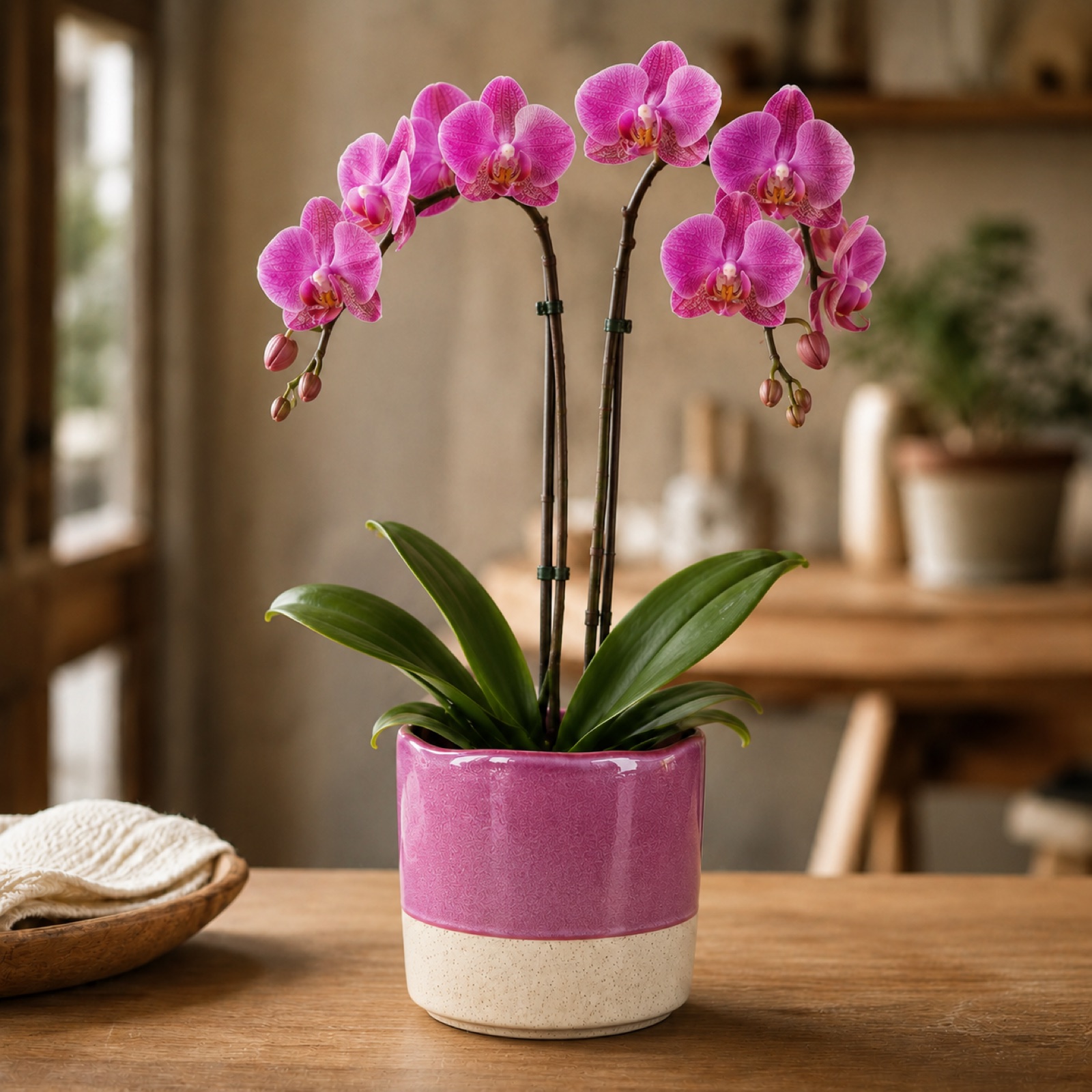 Single magenta-purple Phalaenopsis orchid in a rose pink ceramic pot