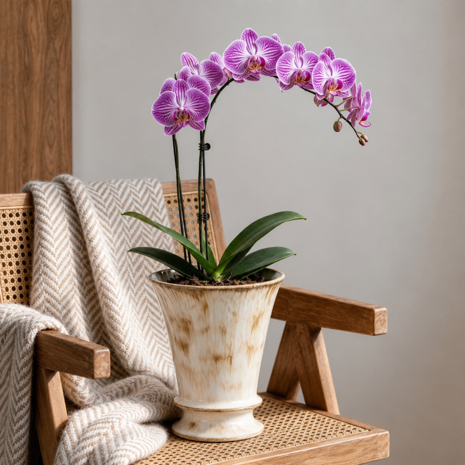 Single magenta Phalaenopsis orchid with striped petals in a cream trumpet ceramic pot