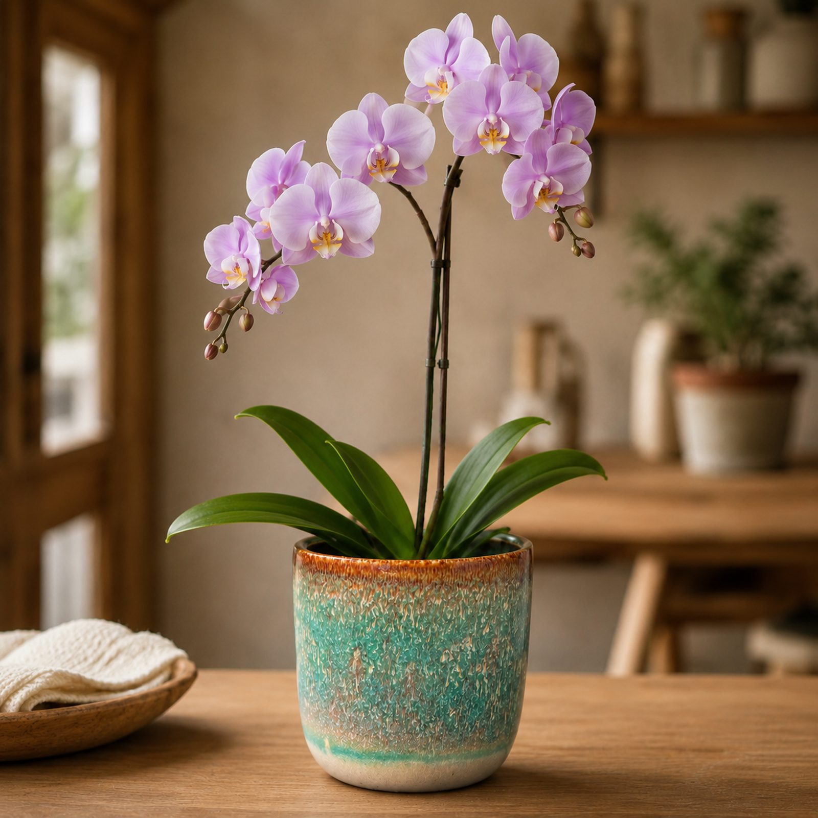 Single pale lavender Phalaenopsis orchid in a teal speckled ceramic pot