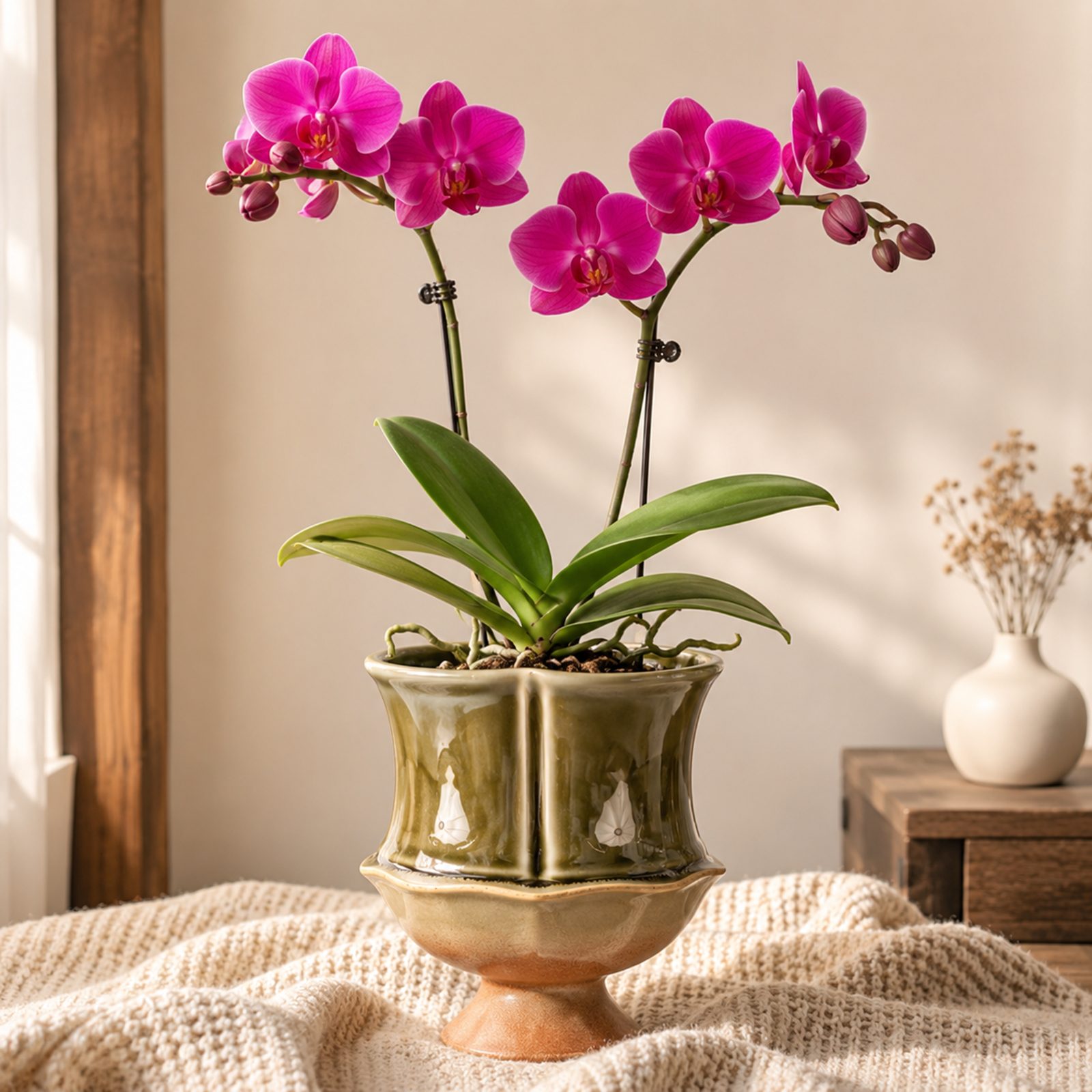 Single magenta Phalaenopsis orchid in a scalloped olive green ceramic pot