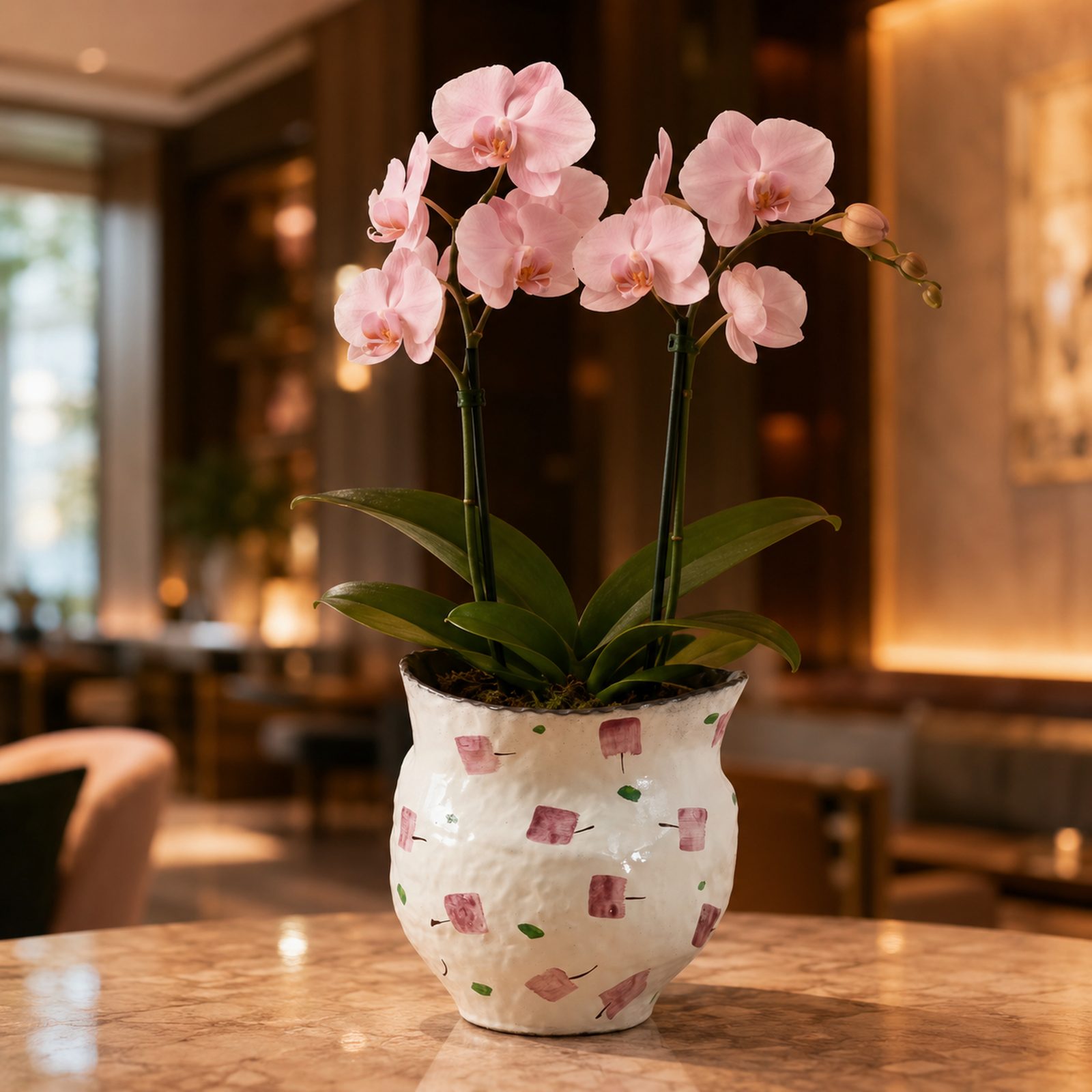Single magenta Phalaenopsis orchid in a white ceramic pot hand-painted with dark rings