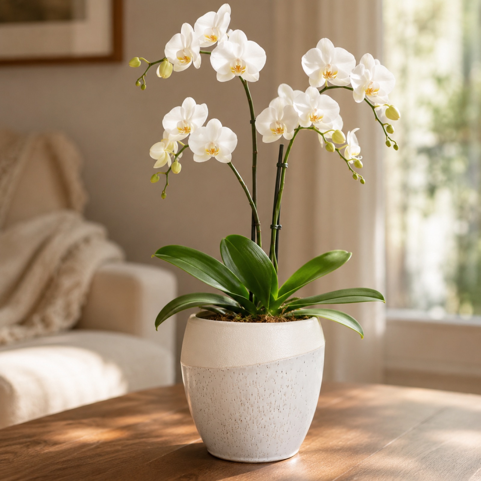 Single white Phalaenopsis orchid in a cream ceramic pot on a living room table