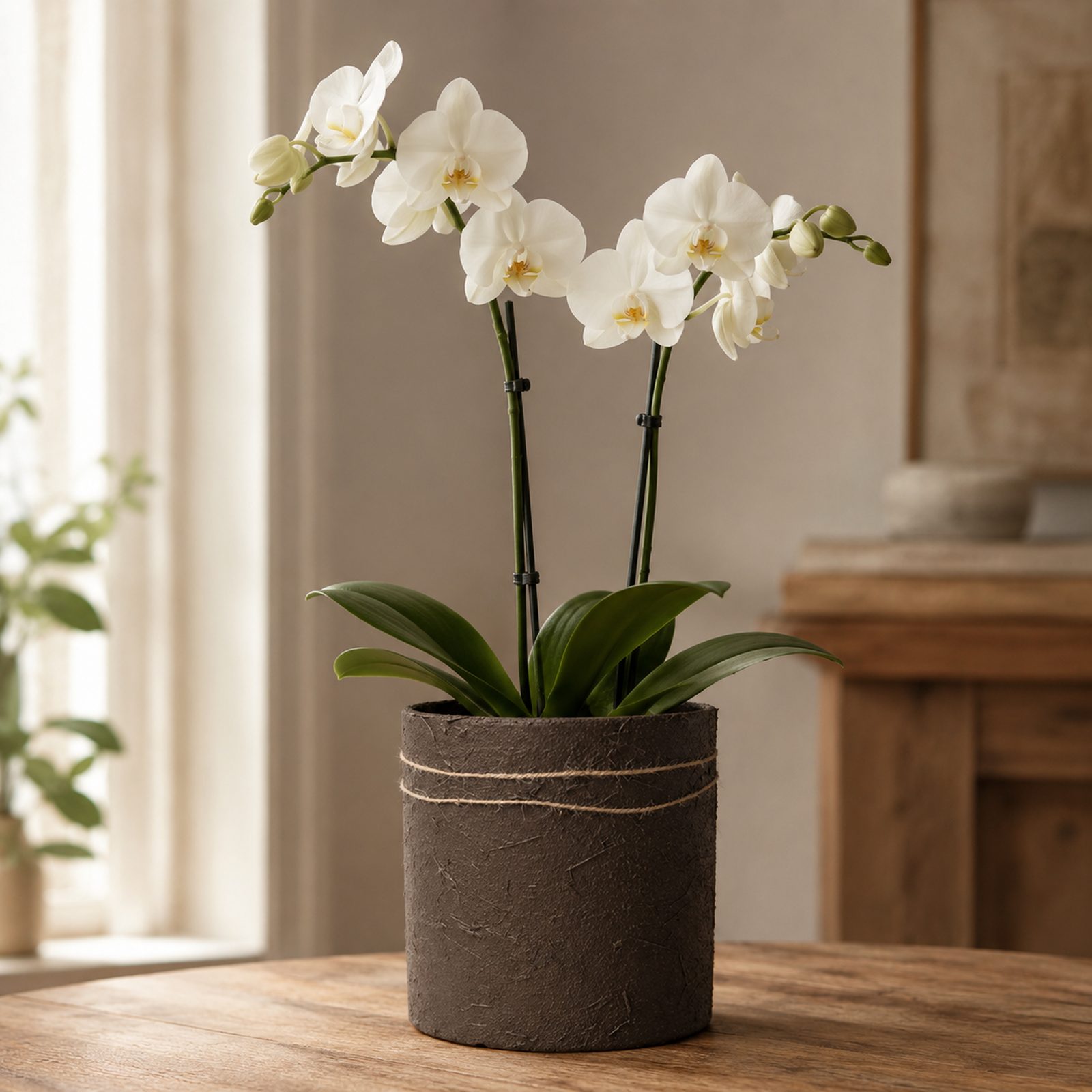 Single white Phalaenopsis orchid in a dark woven rope-textured ceramic pot
