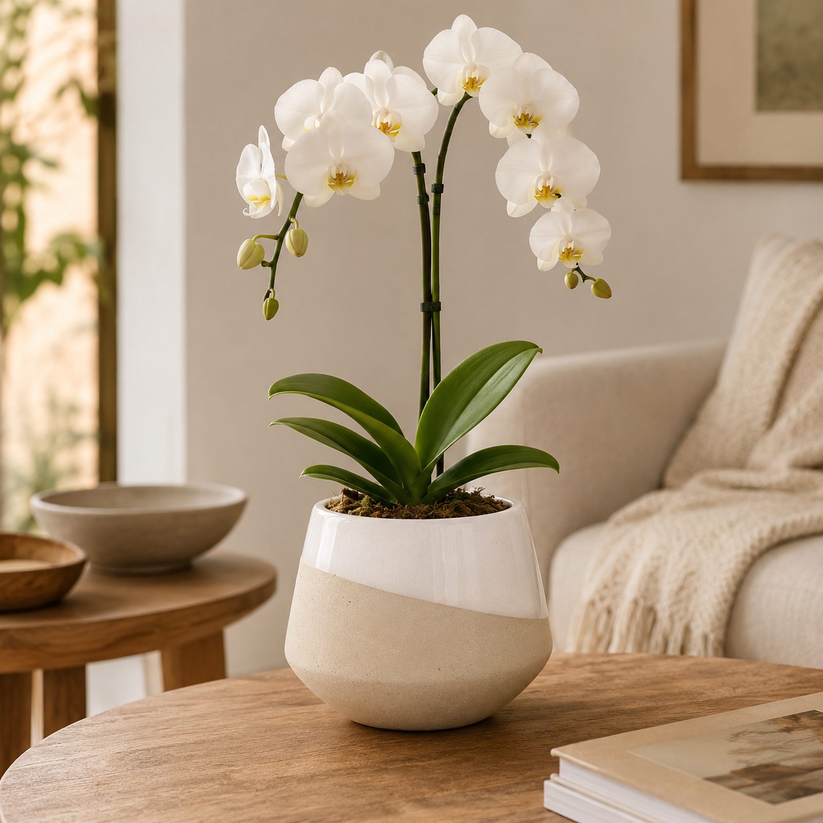 Single white Phalaenopsis orchid in a two-tone cream and beige ceramic pot