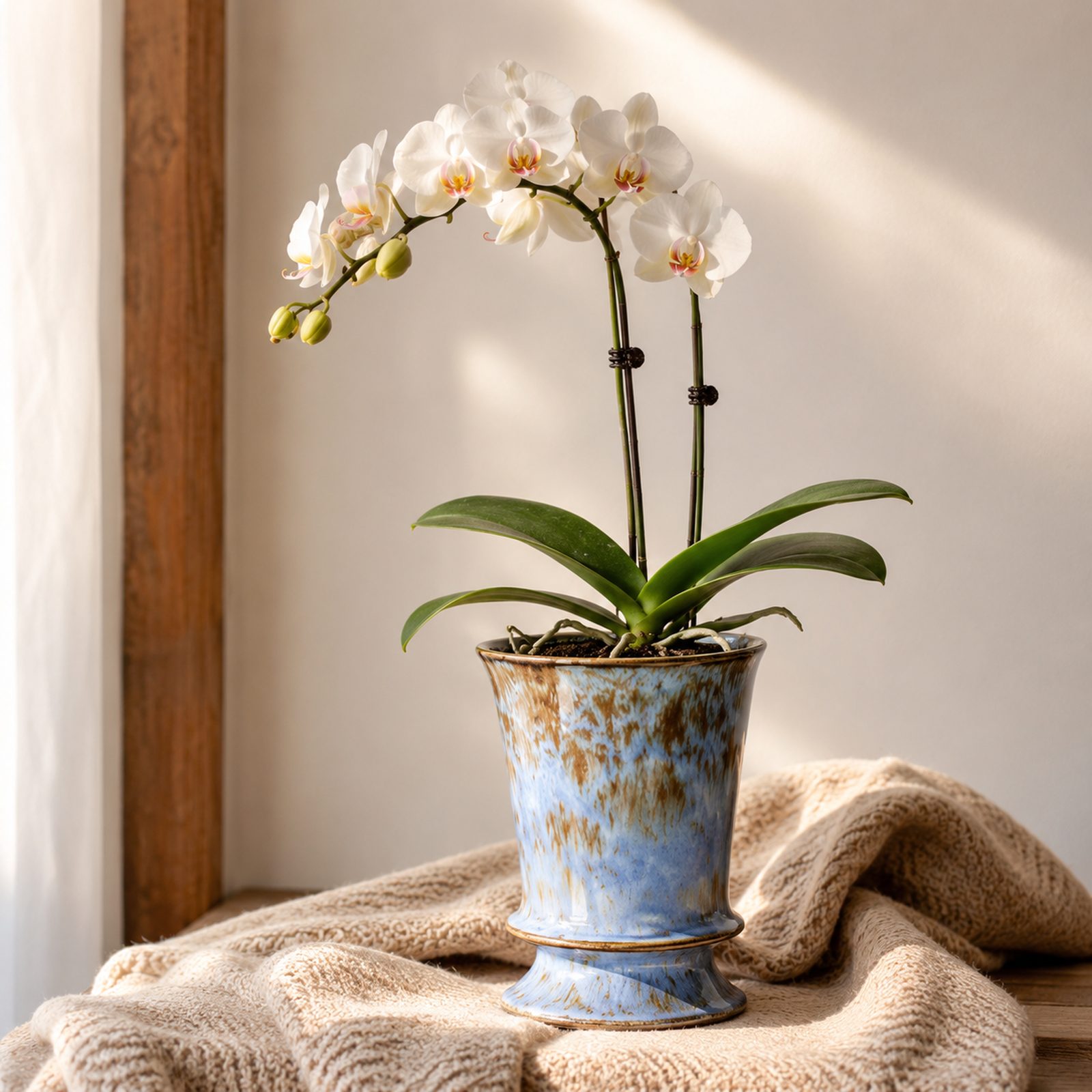 Single white Phalaenopsis orchid in a glossy green ceramic pot