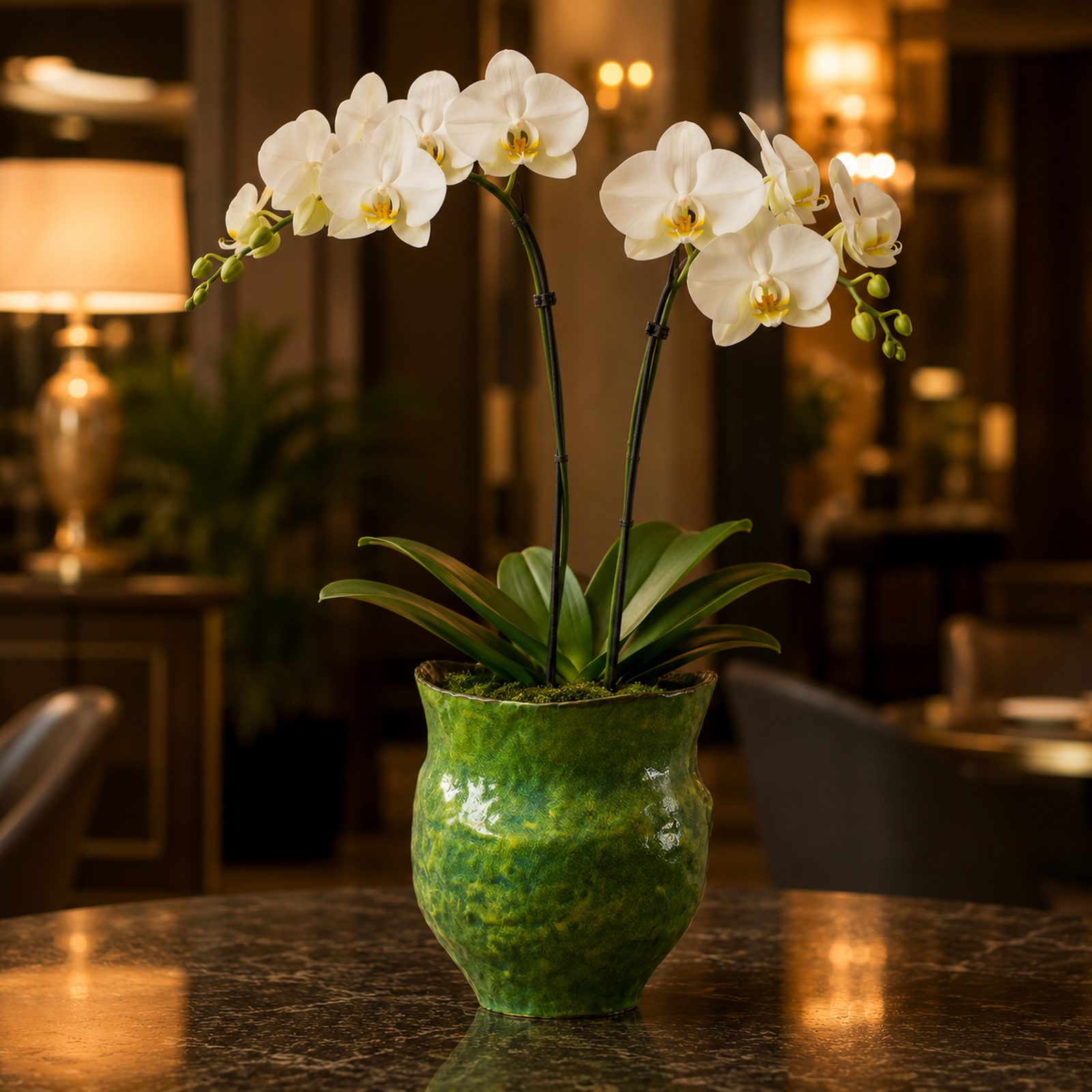 Single white Phalaenopsis orchid in a white ceramic pot hand-painted with a dark floral motif