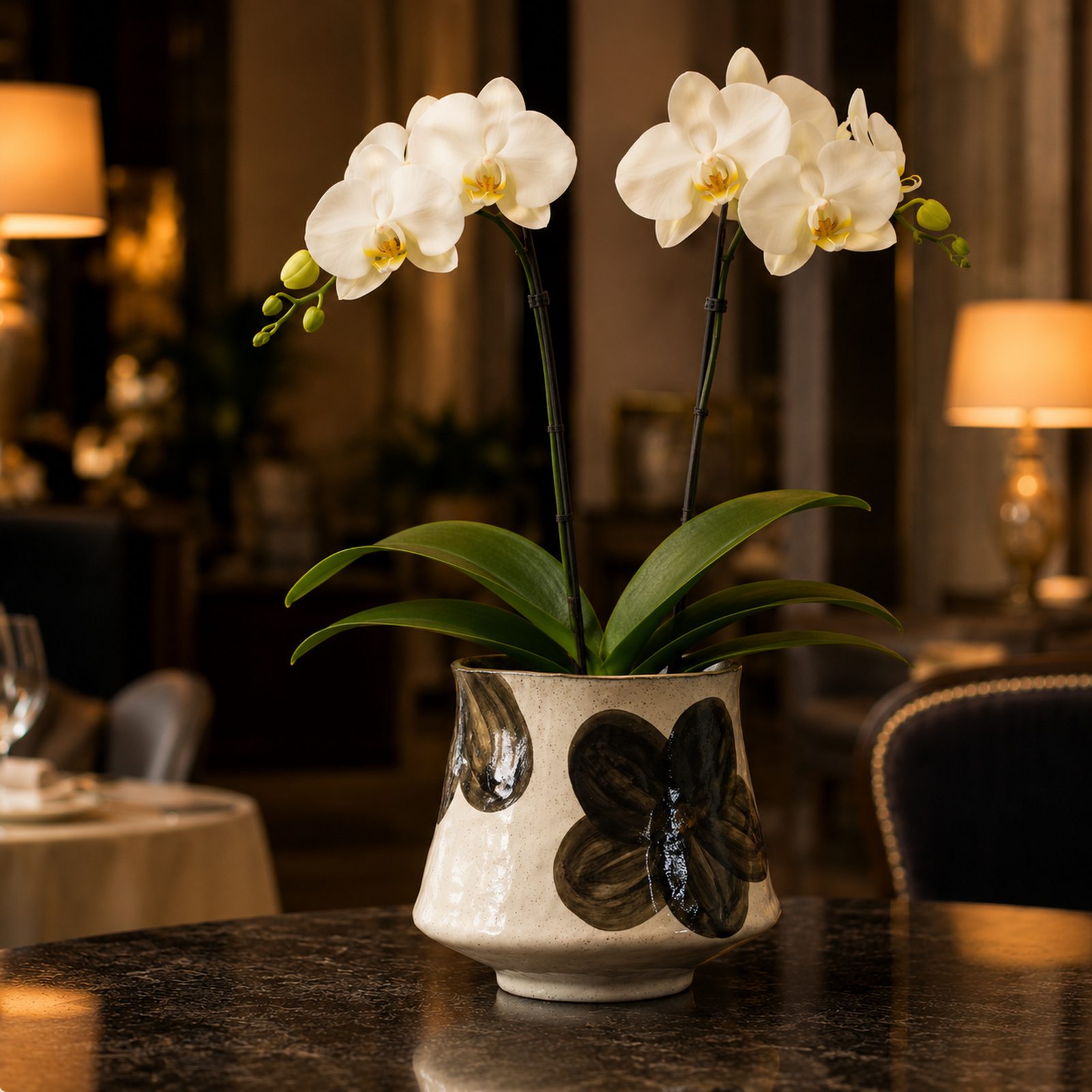 Single white Phalaenopsis orchid in a black and white polka-dot trumpet ceramic pot