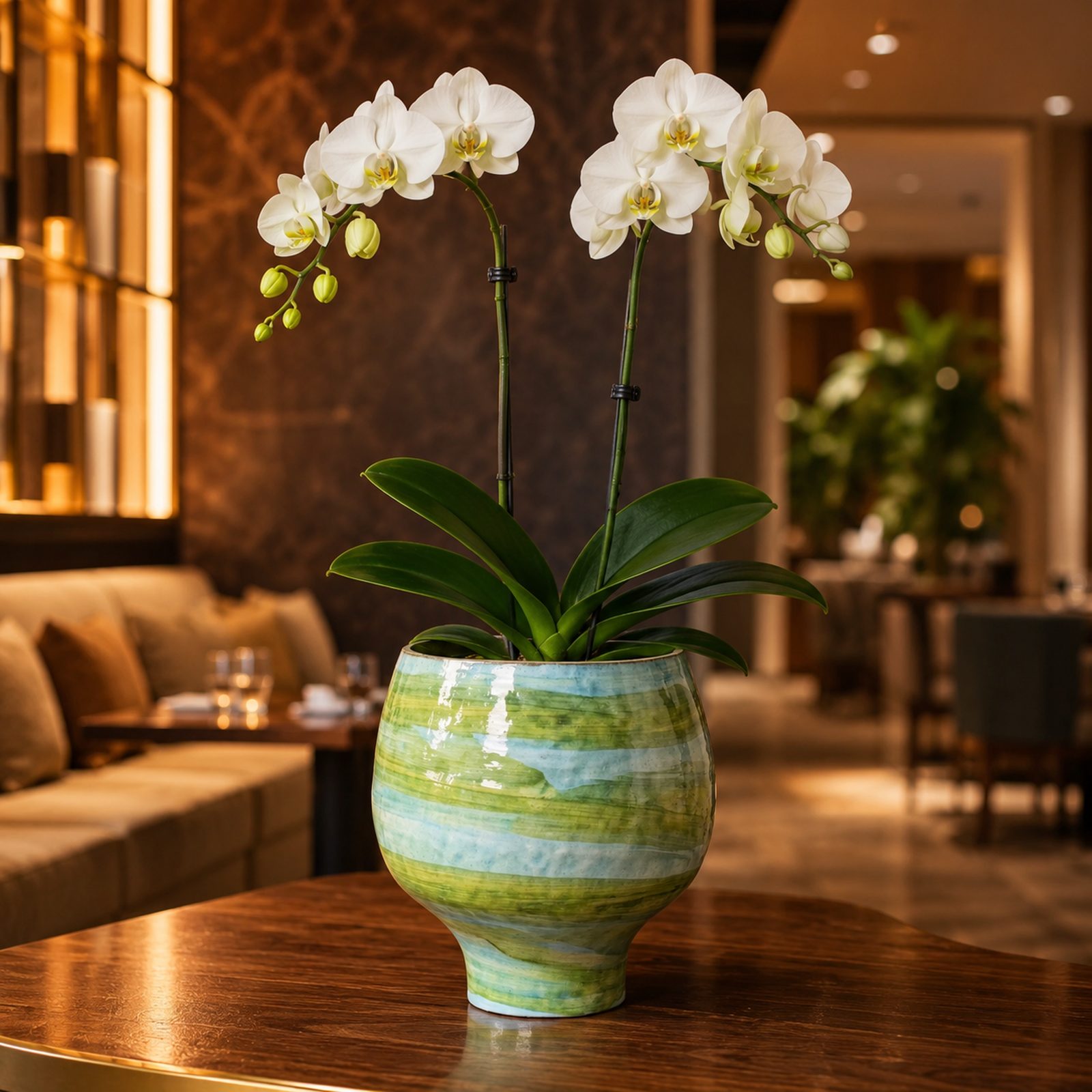 Single white Phalaenopsis orchid in a green and blue striped ceramic pot