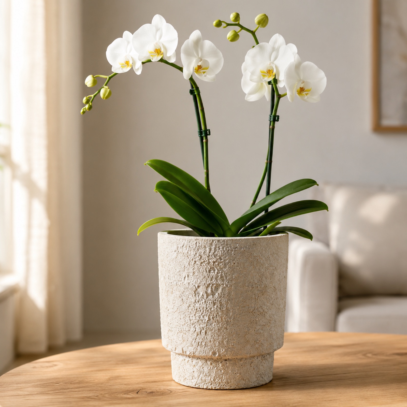 Single white Phalaenopsis orchid in a textured stone-effect ceramic pot