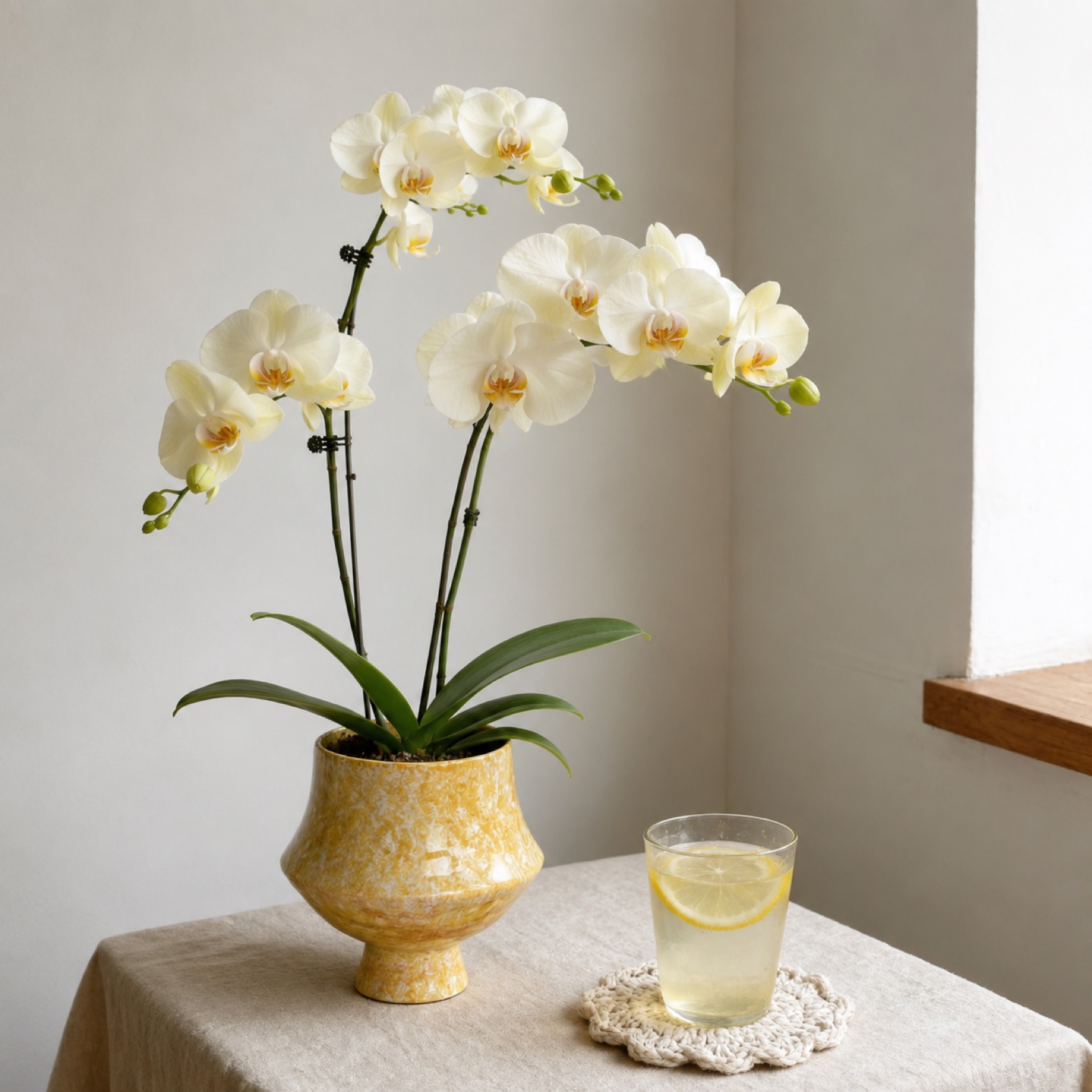 Single cream Phalaenopsis orchid in a golden speckled ceramic pot beside a glass of water