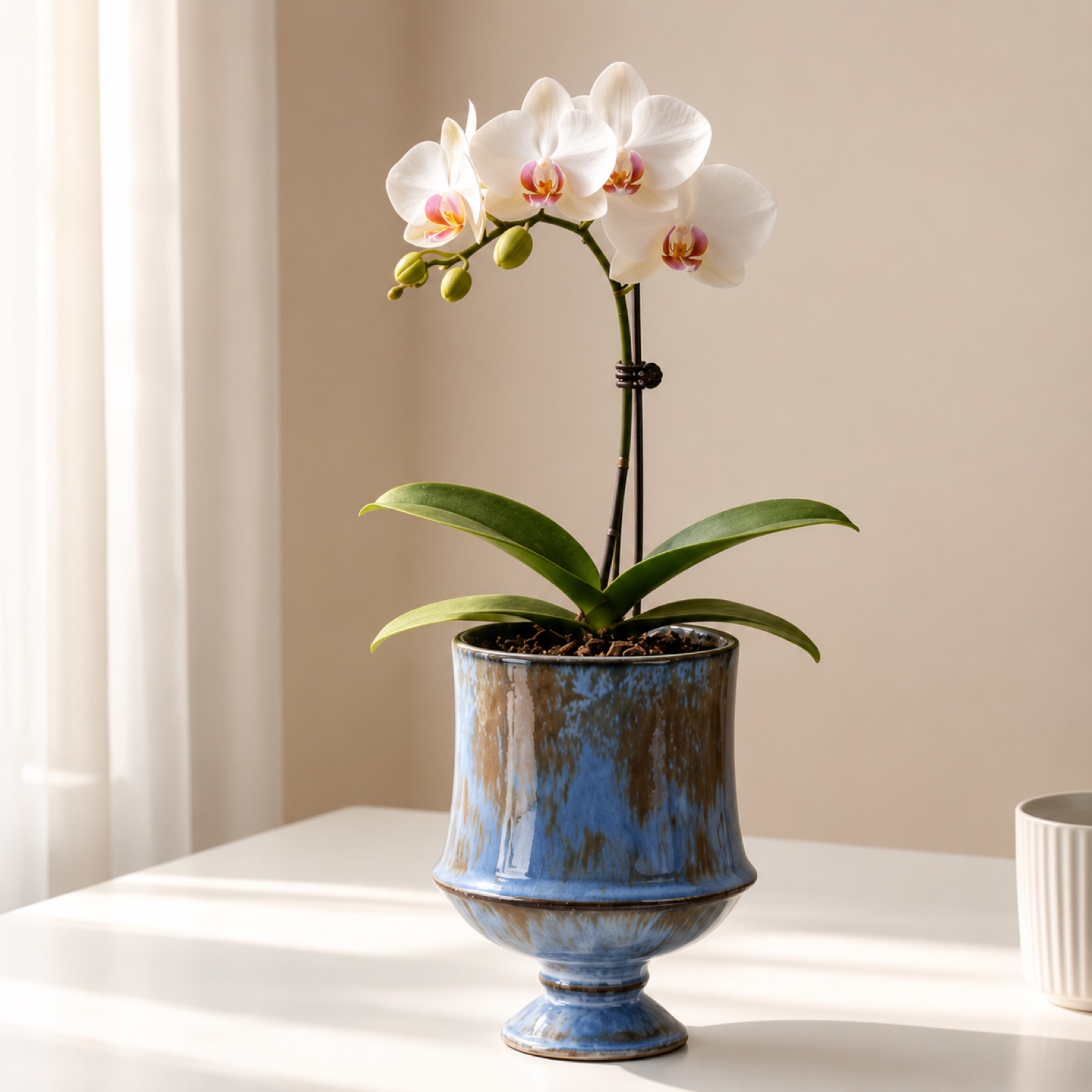 Single white Phalaenopsis orchid with a blush centre in a blue and brown glazed ceramic pot