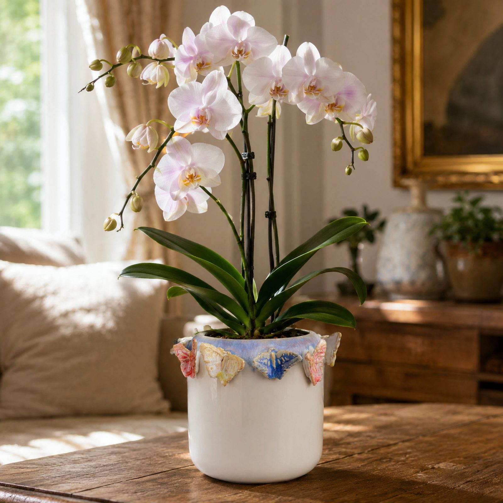 Single white Phalaenopsis orchid with a blush centre in a white ceramic pot with hand-painted butterflies