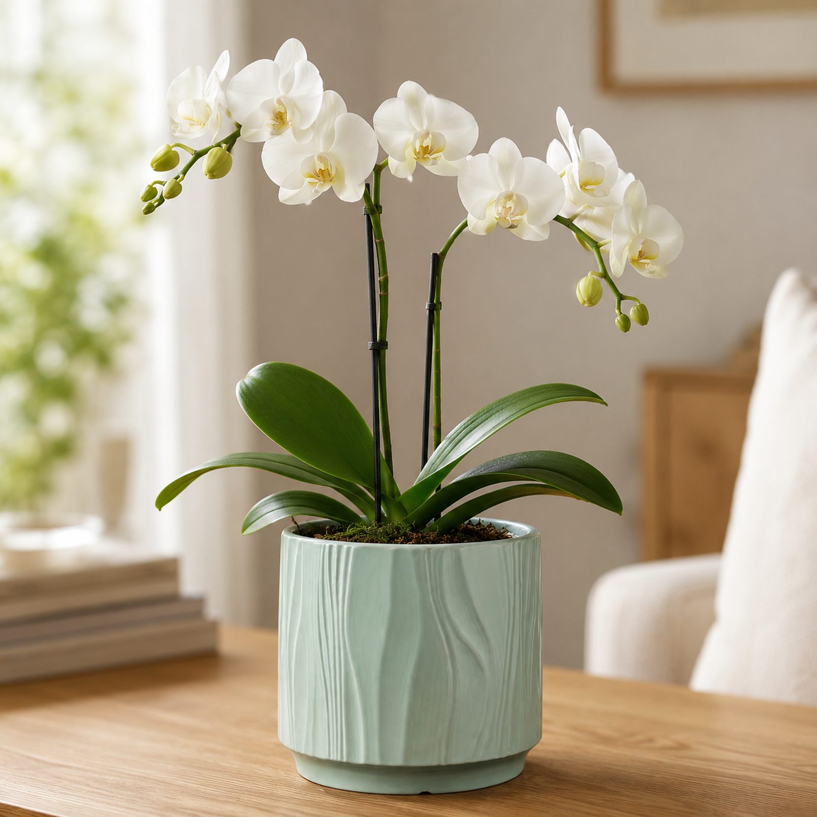 Single white Phalaenopsis orchid in a sage green ridged ceramic pot