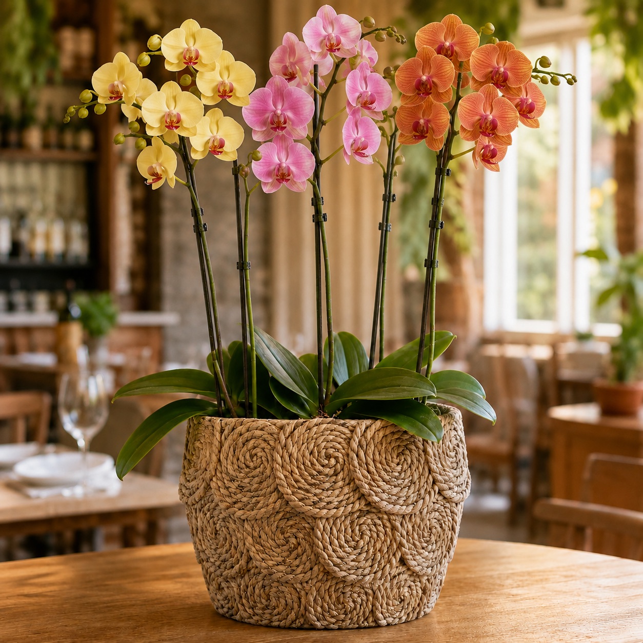 Trio Bloom three-plant Phalaenopsis arrangement in yellow, pink and orange tones in a woven rope-textured ceramic pot